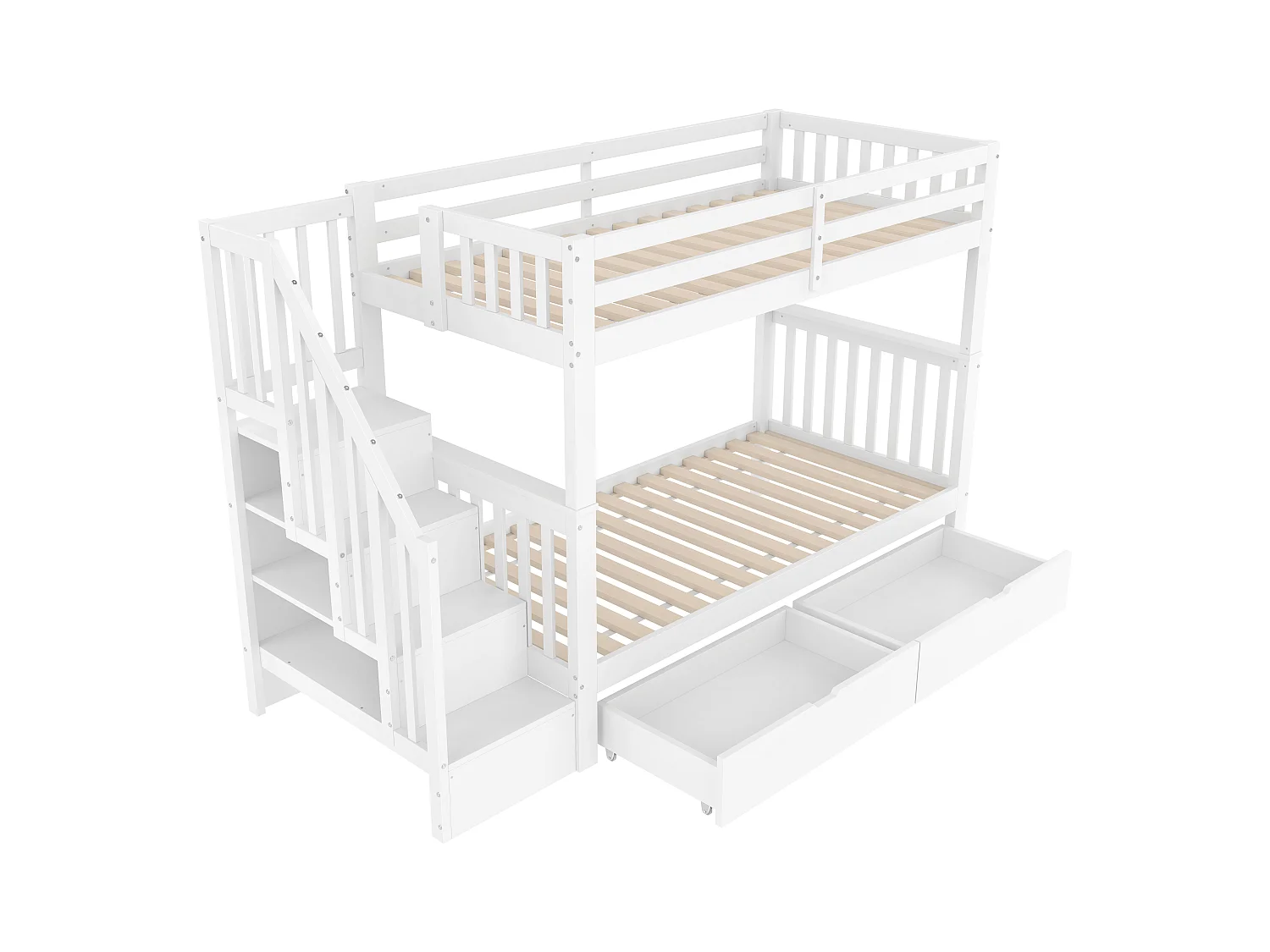 Lit superposé enfant blanc 90x200cm avec 2 tiroirs, escalier de rangement, pin + MDF, sans matelas