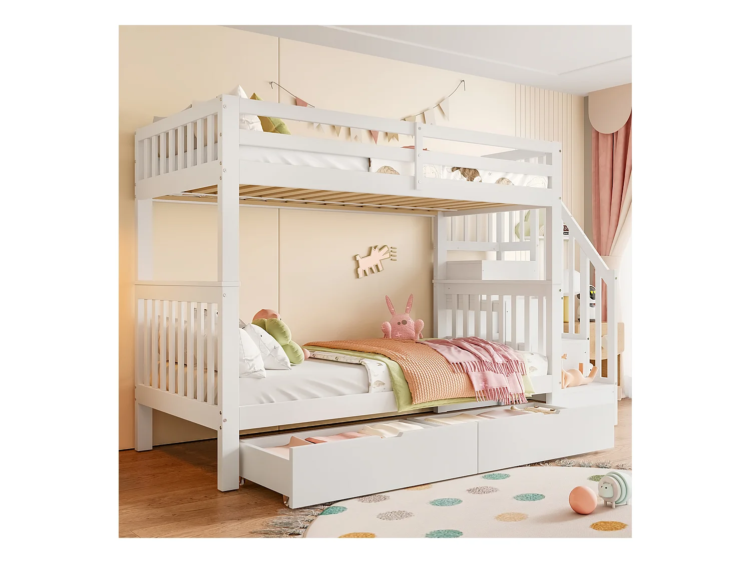 Lit superposé enfant blanc 90x200cm avec 2 tiroirs, escalier de rangement, pin + MDF, sans matelas