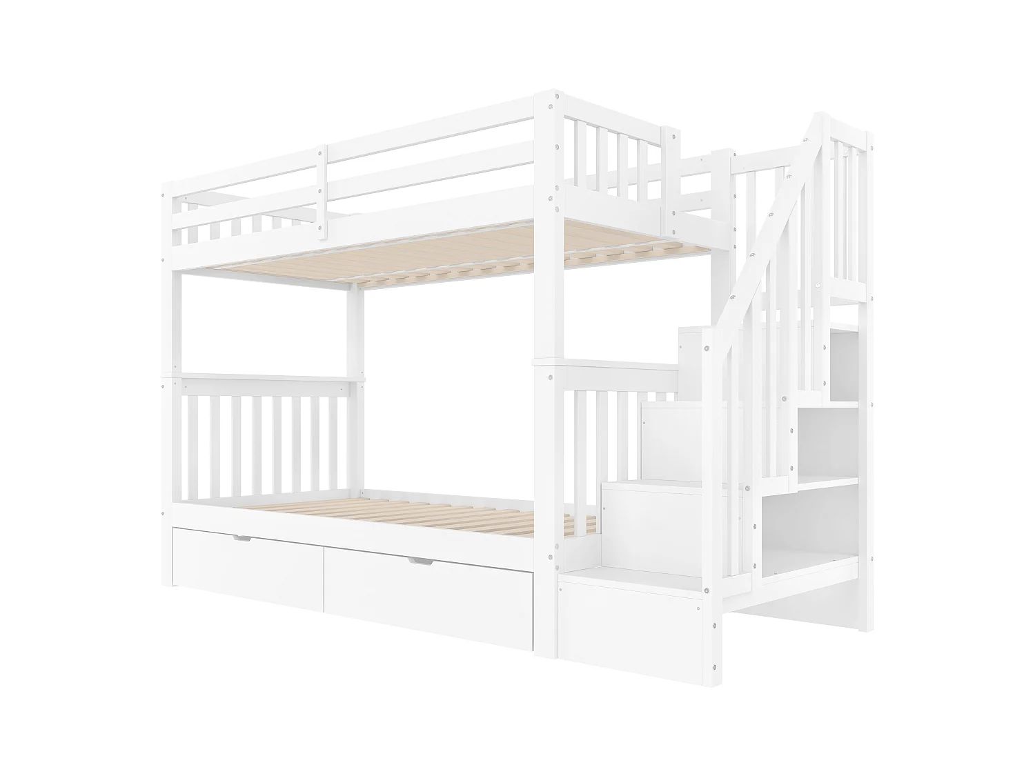Lit superposé enfant blanc 90x200cm avec 2 tiroirs, escalier de rangement, pin + MDF, sans matelas