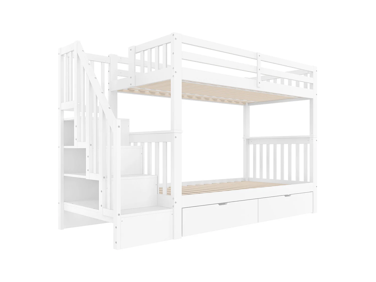 Lit superposé enfant blanc 90x200cm avec 2 tiroirs, escalier de rangement, pin + MDF, sans matelas