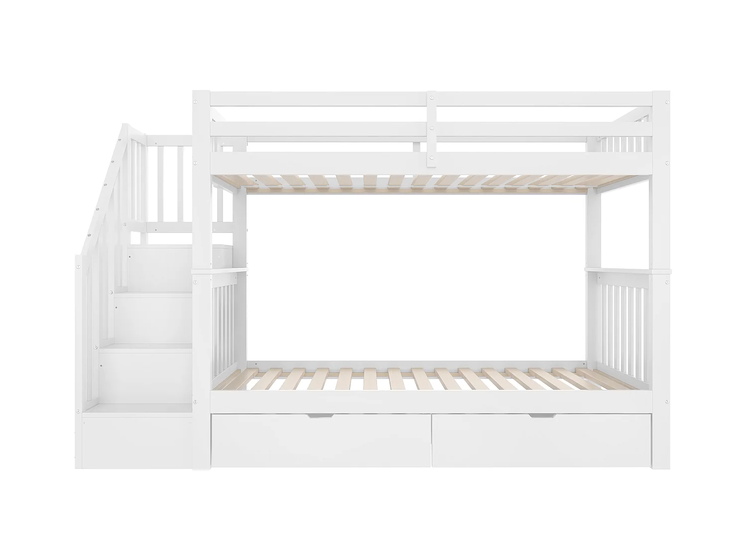Lit superposé enfant blanc 90x200cm avec 2 tiroirs, escalier de rangement, pin + MDF, sans matelas