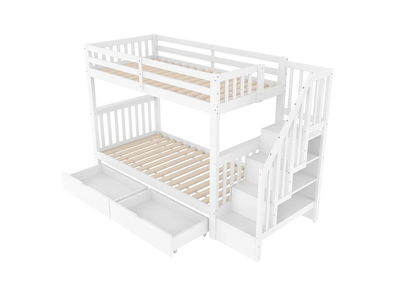 Lit superposé enfant blanc 90x200cm avec 2 tiroirs, escalier de rangement, pin + MDF, sans matelas