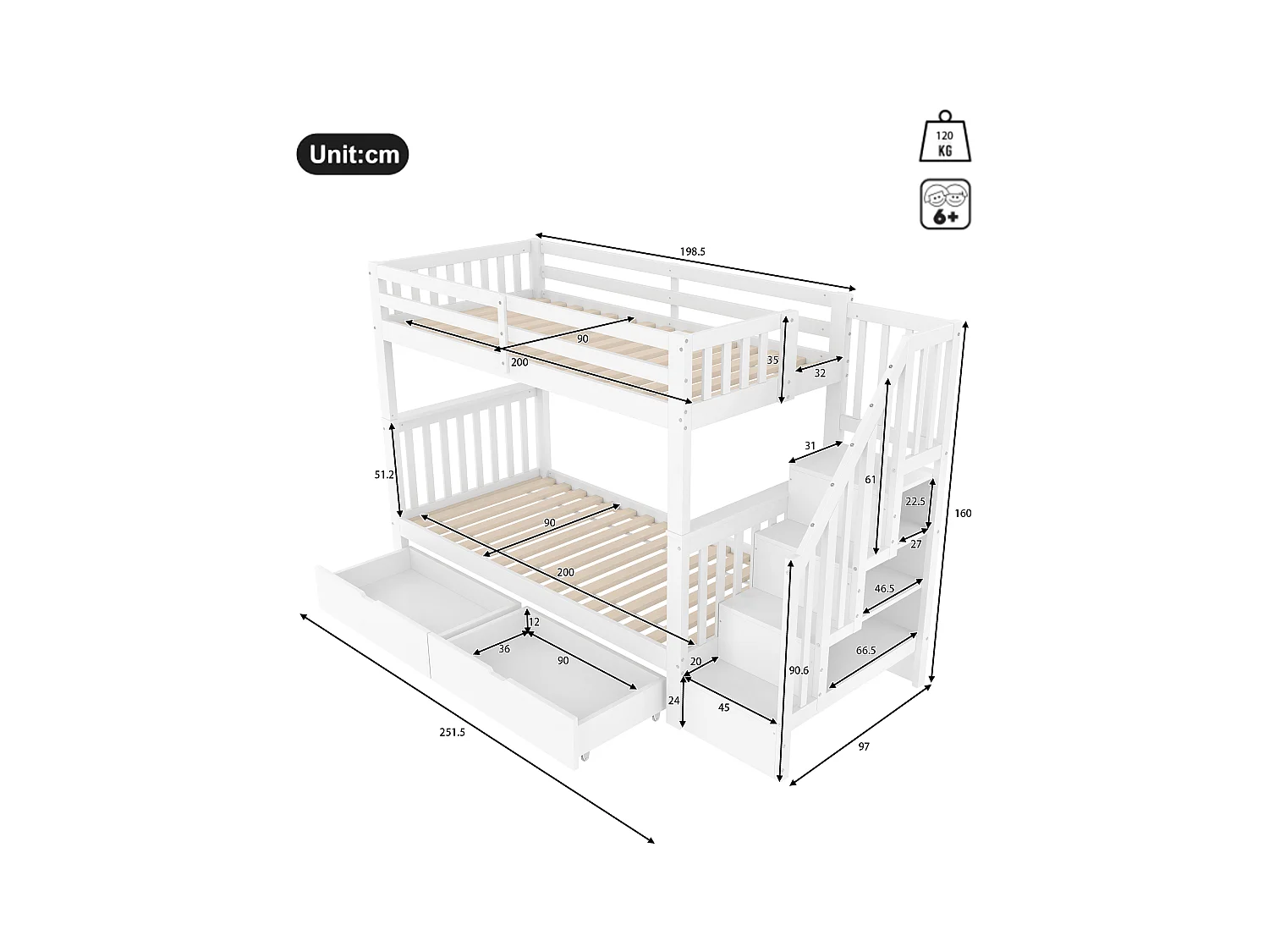 Lit superposé enfant blanc 90x200cm avec 2 tiroirs, escalier de rangement, pin + MDF, sans matelas