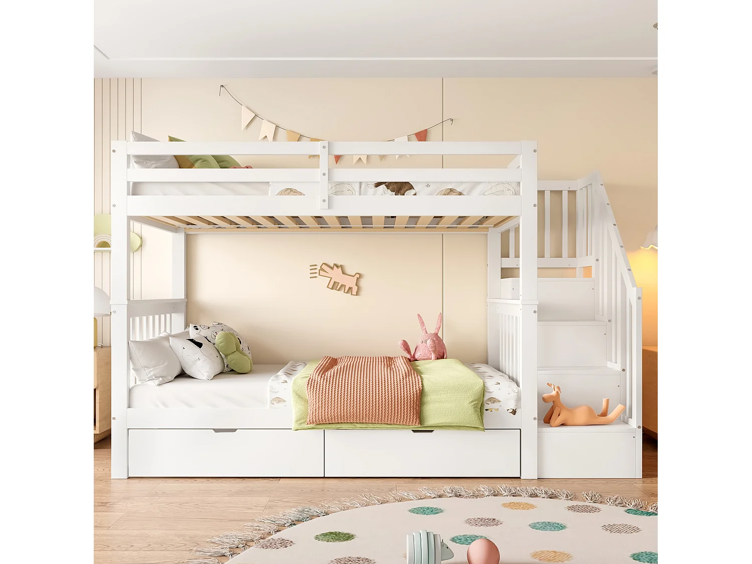 Lit superposé enfant blanc 90x200cm avec 2 tiroirs, escalier de rangement, pin + MDF, sans matelas