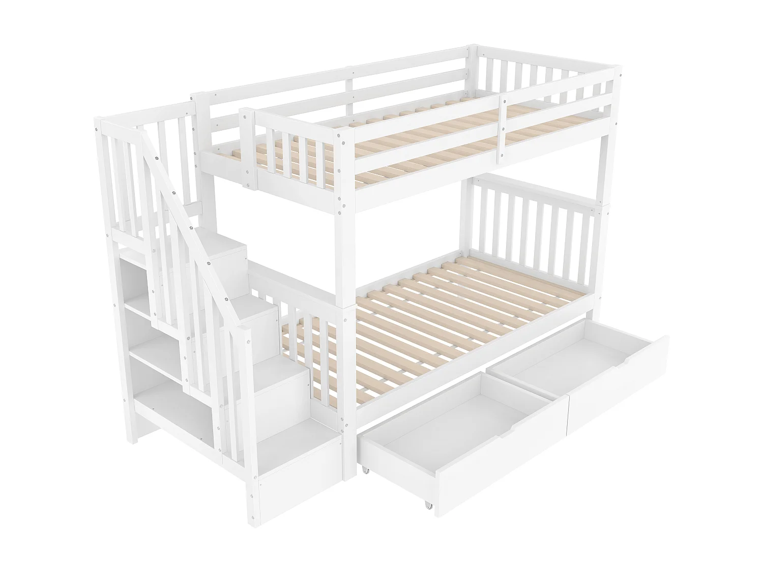 Lit superposé enfant blanc 90x200cm avec 2 tiroirs, escalier de rangement, pin + MDF, sans matelas