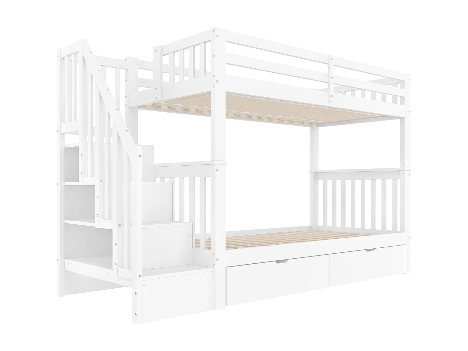Lit superposé enfant blanc 90x200cm avec 2 tiroirs, escalier de rangement, pin + MDF, sans matelas