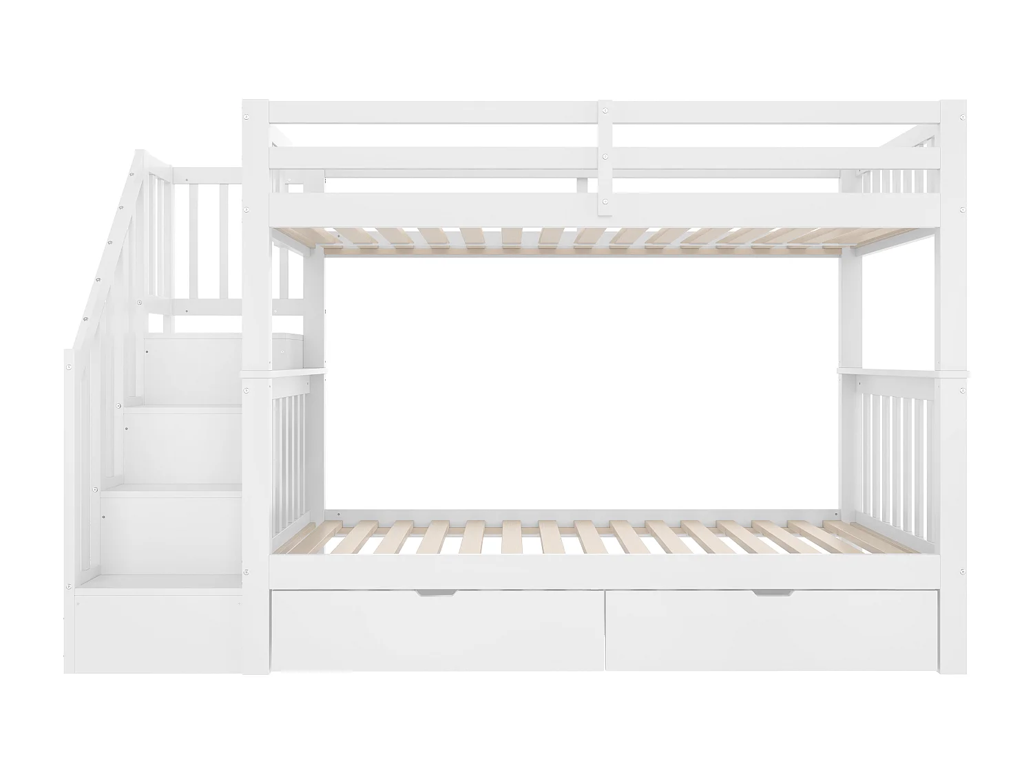Lit superposé enfant blanc 90x200cm avec 2 tiroirs, escalier de rangement, pin + MDF, sans matelas