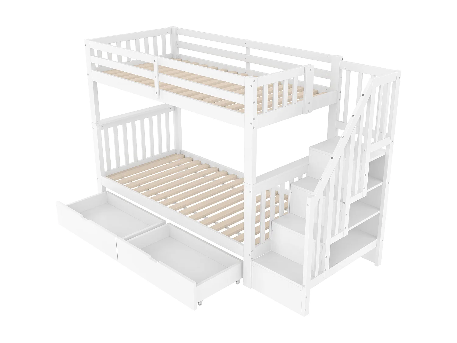 Lit superposé enfant blanc 90x200cm avec 2 tiroirs, escalier de rangement, pin + MDF, sans matelas