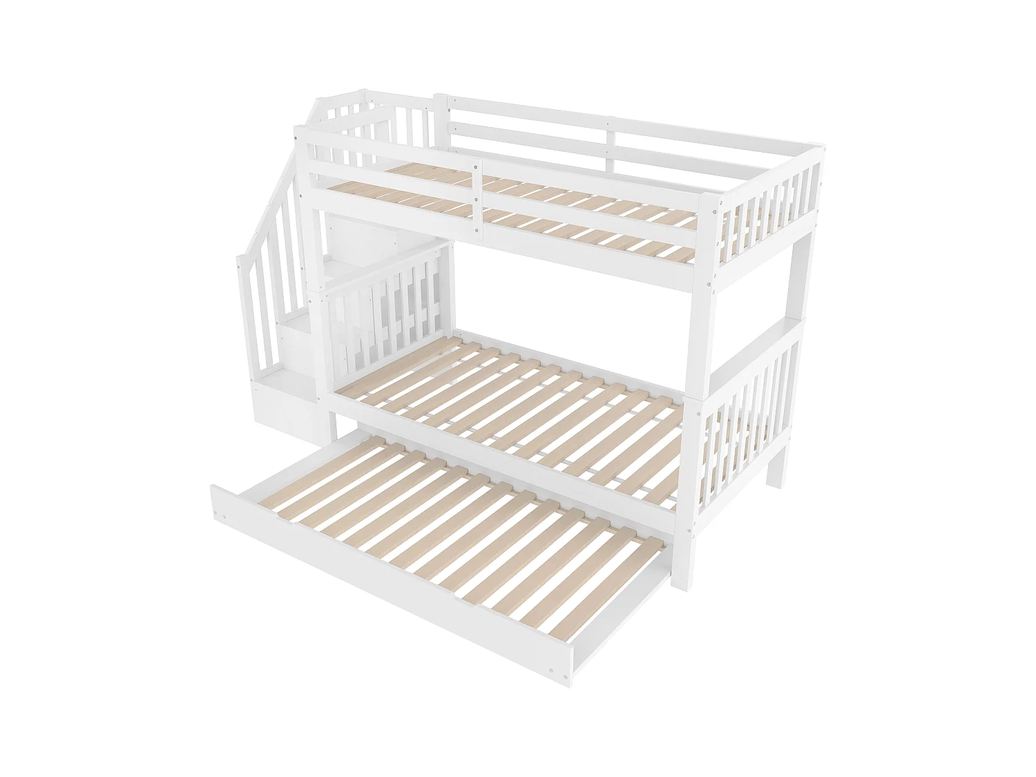 Lit superposé blanc 90x200cm avec lit gigogne 90x190cm, escalier de rangement, sans matelas