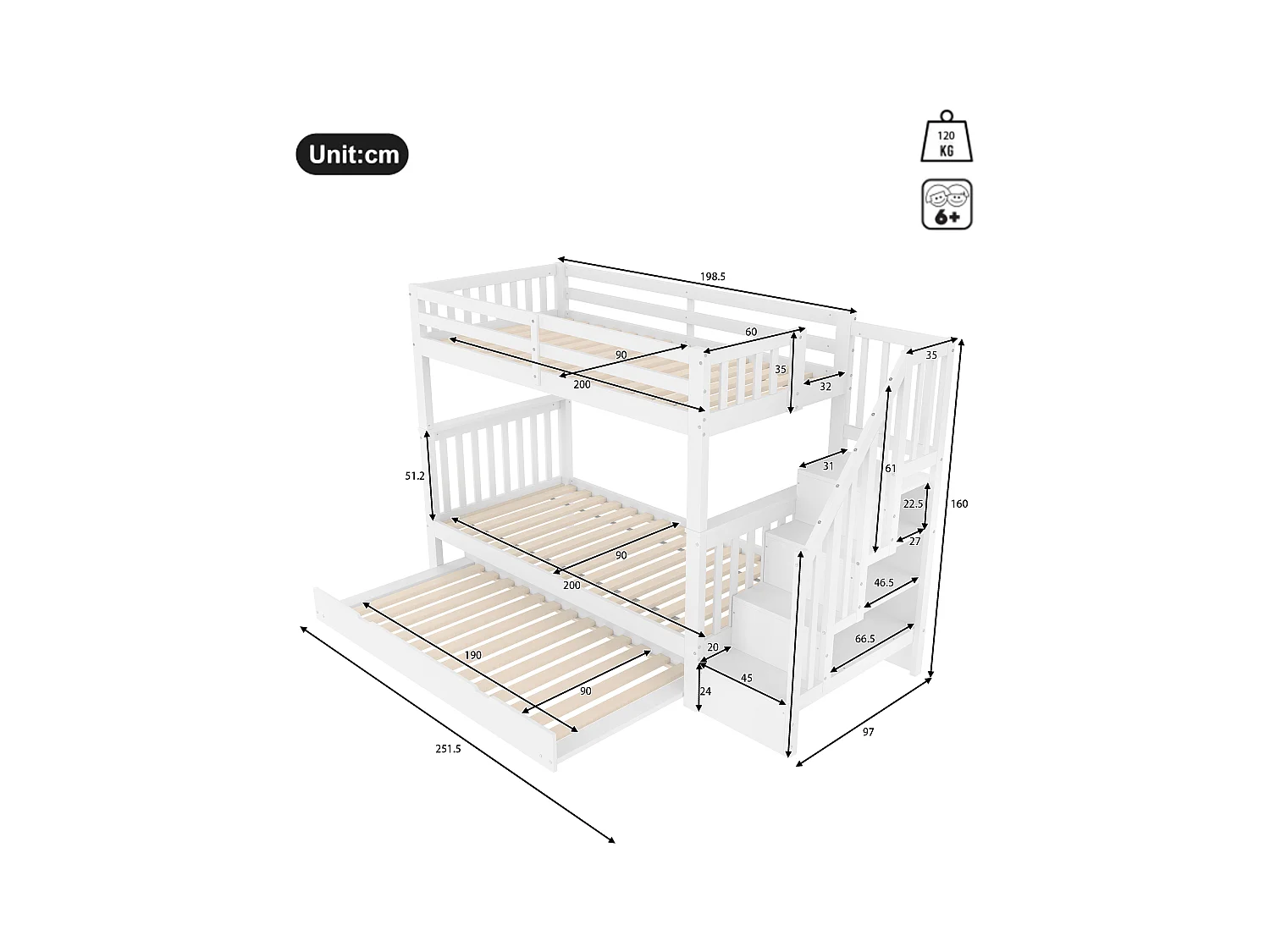 Lit superposé blanc 90x200cm avec lit gigogne 90x190cm, escalier de rangement, sans matelas