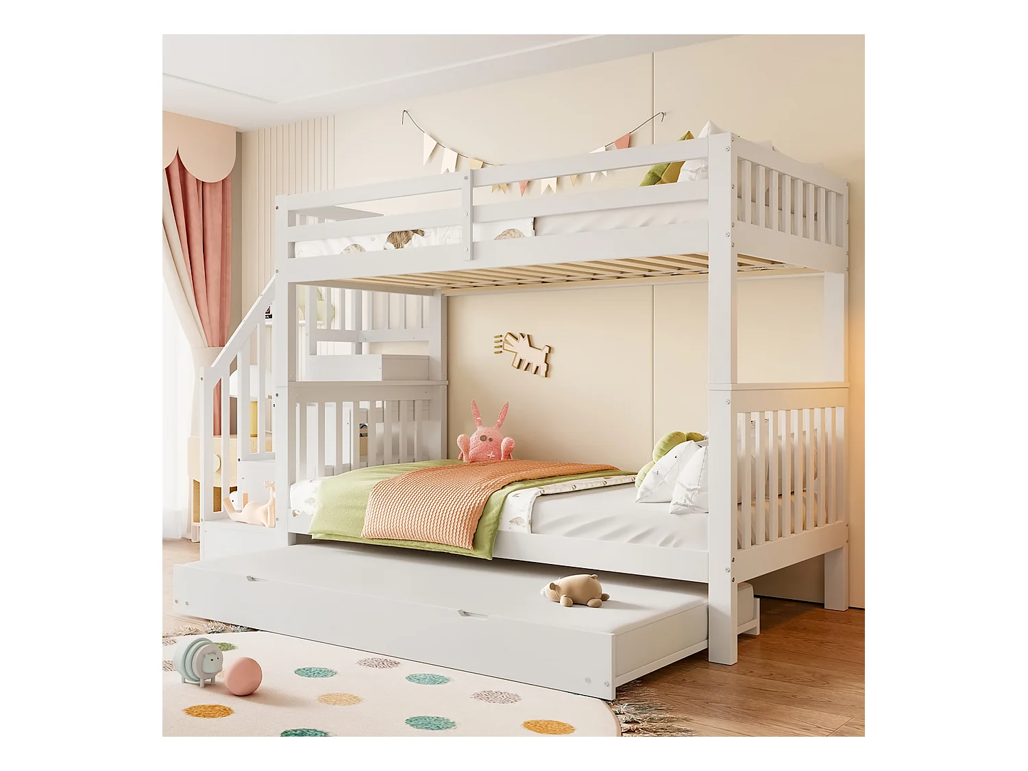 Lit superposé blanc 90x200cm avec lit gigogne 90x190cm, escalier de rangement, sans matelas