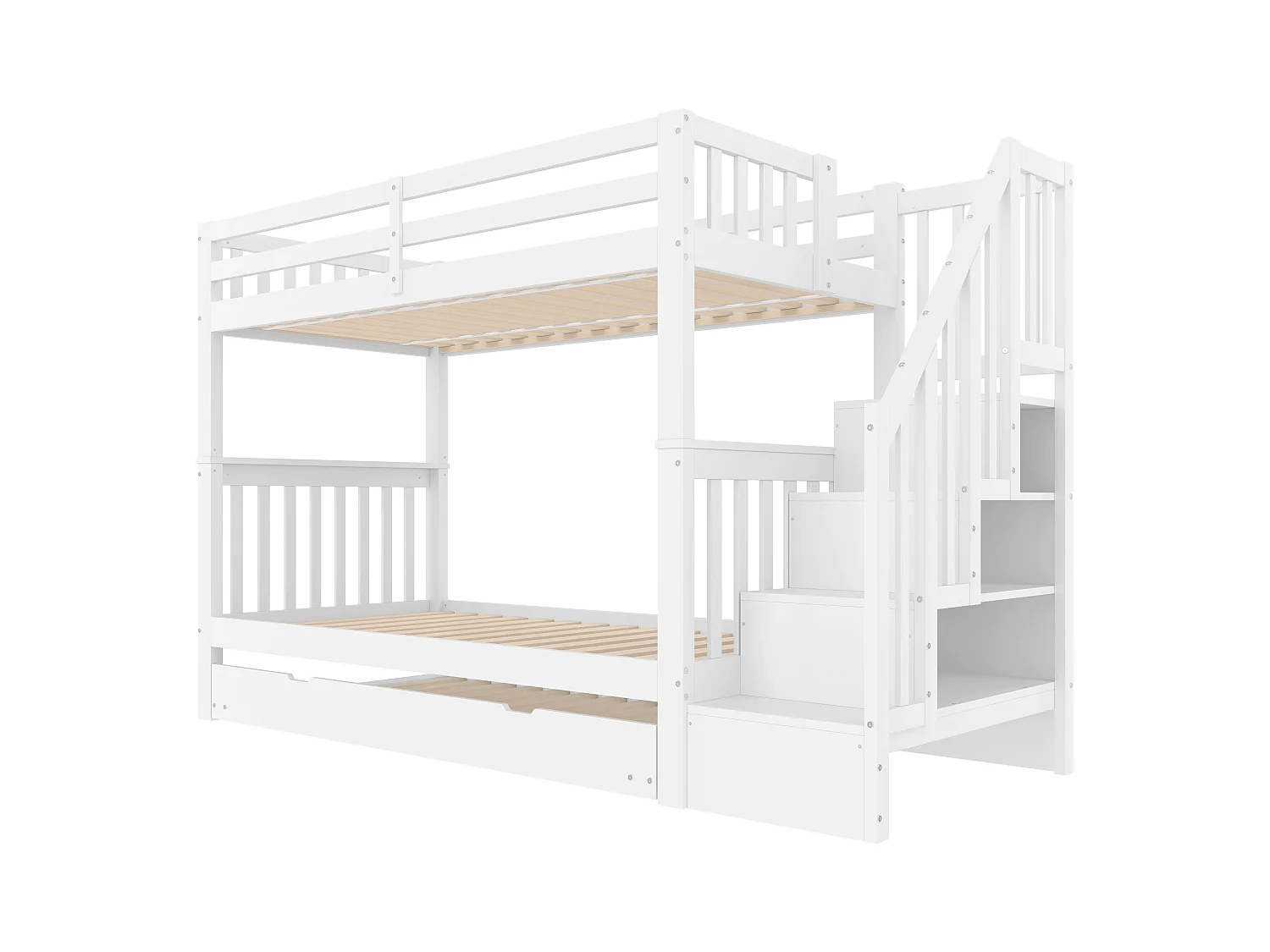 Lit superposé blanc 90x200cm avec lit gigogne 90x190cm, escalier de rangement, sans matelas