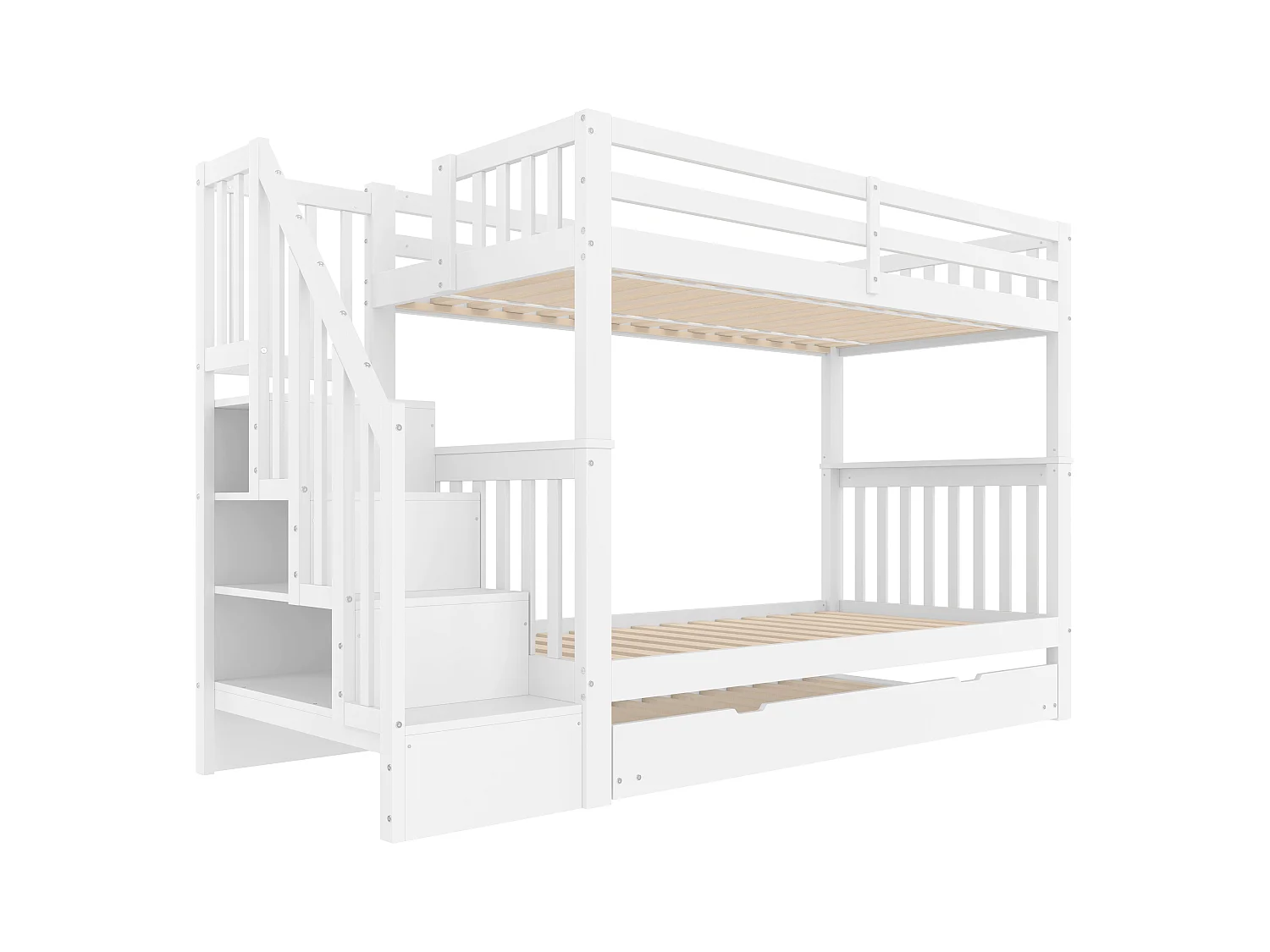 Lit superposé blanc 90x200cm avec lit gigogne 90x190cm, escalier de rangement, sans matelas