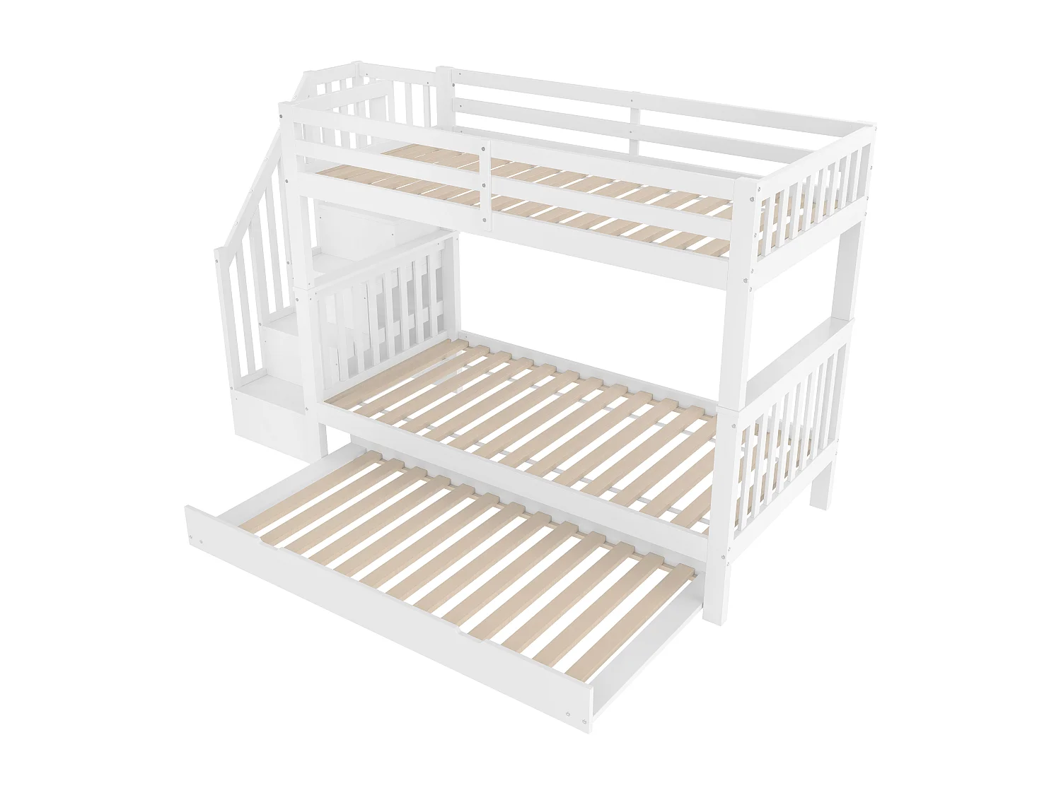 Litera blanca 90x200cm con cama nido 90x190cm, escalera de almacenaje, sin colchón