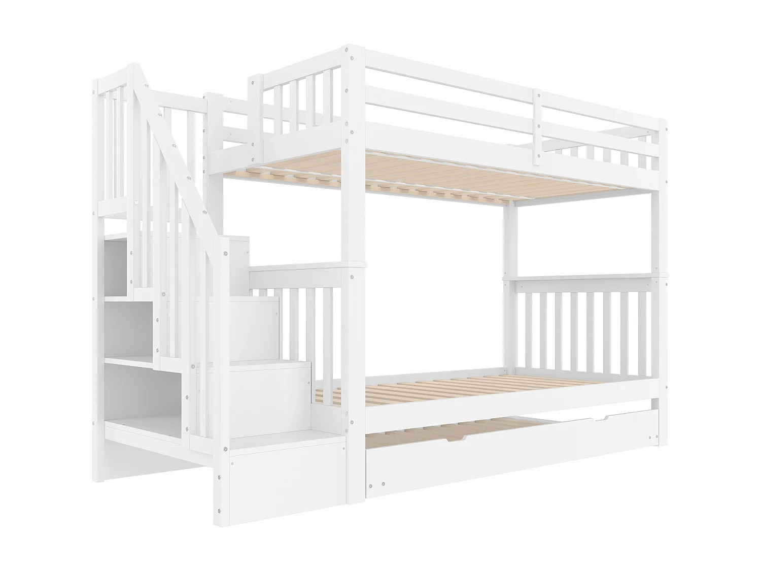 Litera blanca 90x200cm con cama nido 90x190cm, escalera de almacenaje, sin colchón