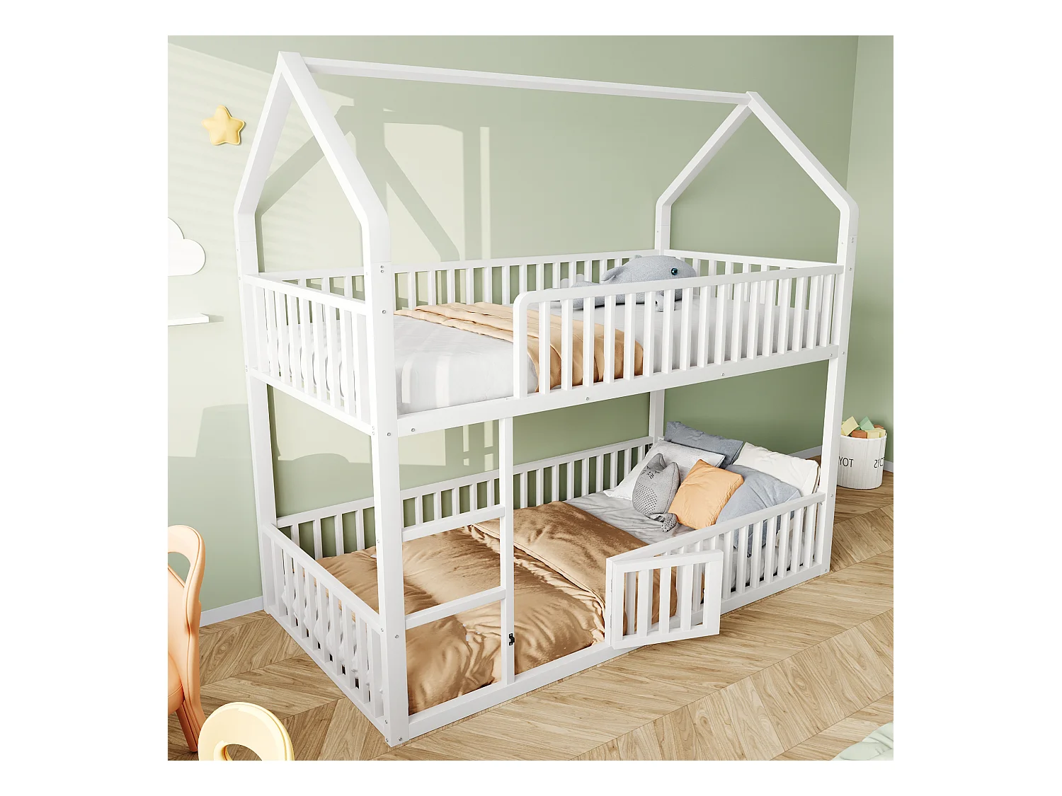 Lit superposé  cabane enfant blanc 90x200cm avec échelle, structure en métal, sans matelas