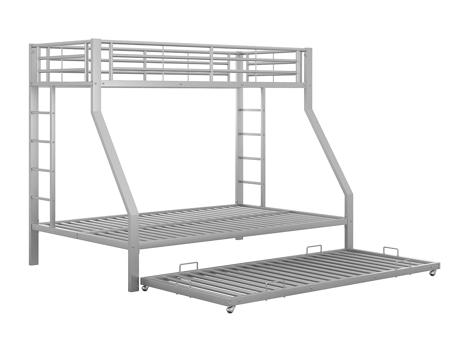 Lit Superposé 90 x 200 / 140 x 200 cm - En Métal - Avec Lit Gigogne 90 x 190 cm Et 2 Échelles Latérales - Sans Matelas - Argent