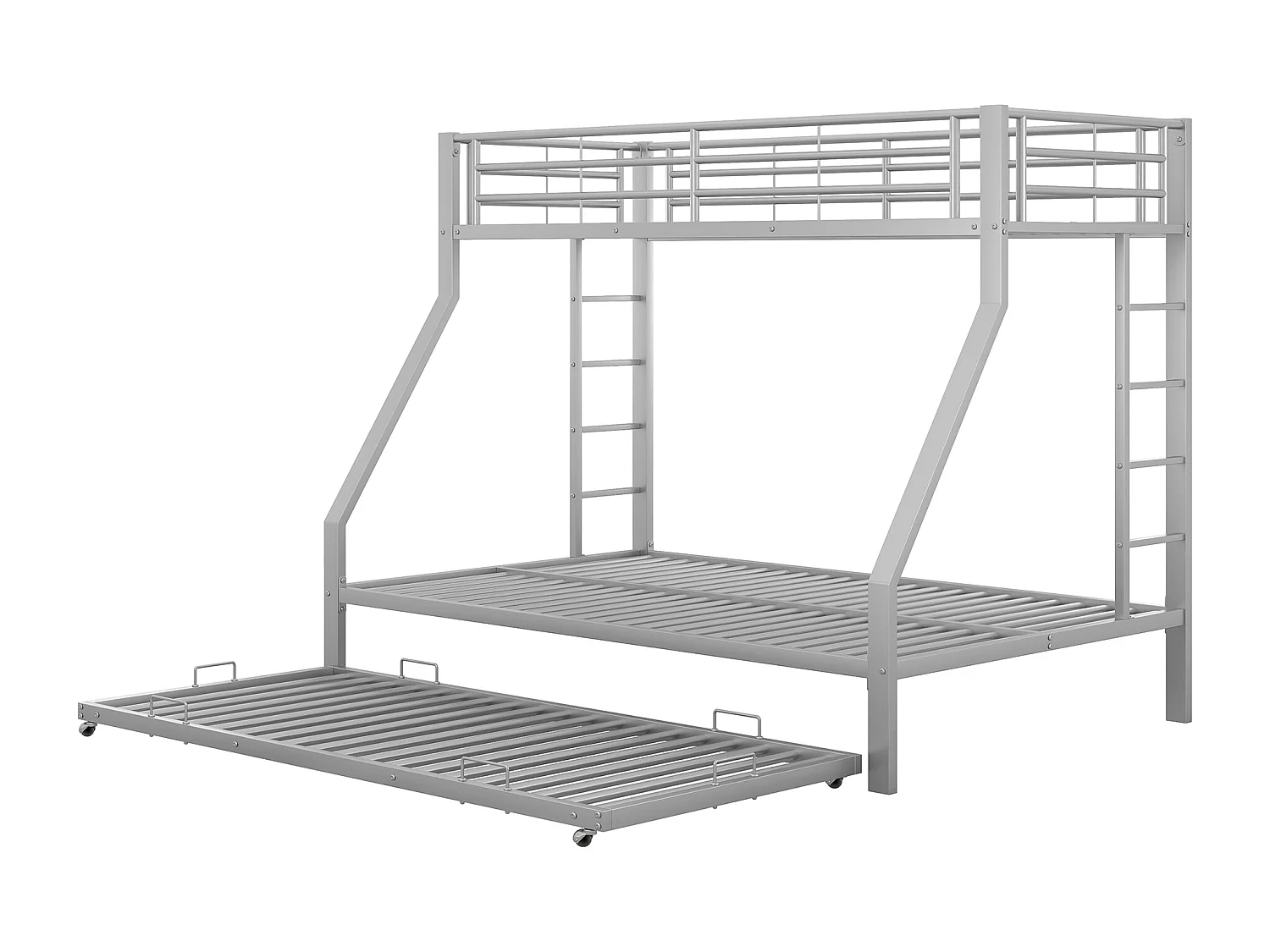 Lit Superposé 90 x 200 / 140 x 200 cm - En Métal - Avec Lit Gigogne 90 x 190 cm Et 2 Échelles Latérales - Sans Matelas - Argent