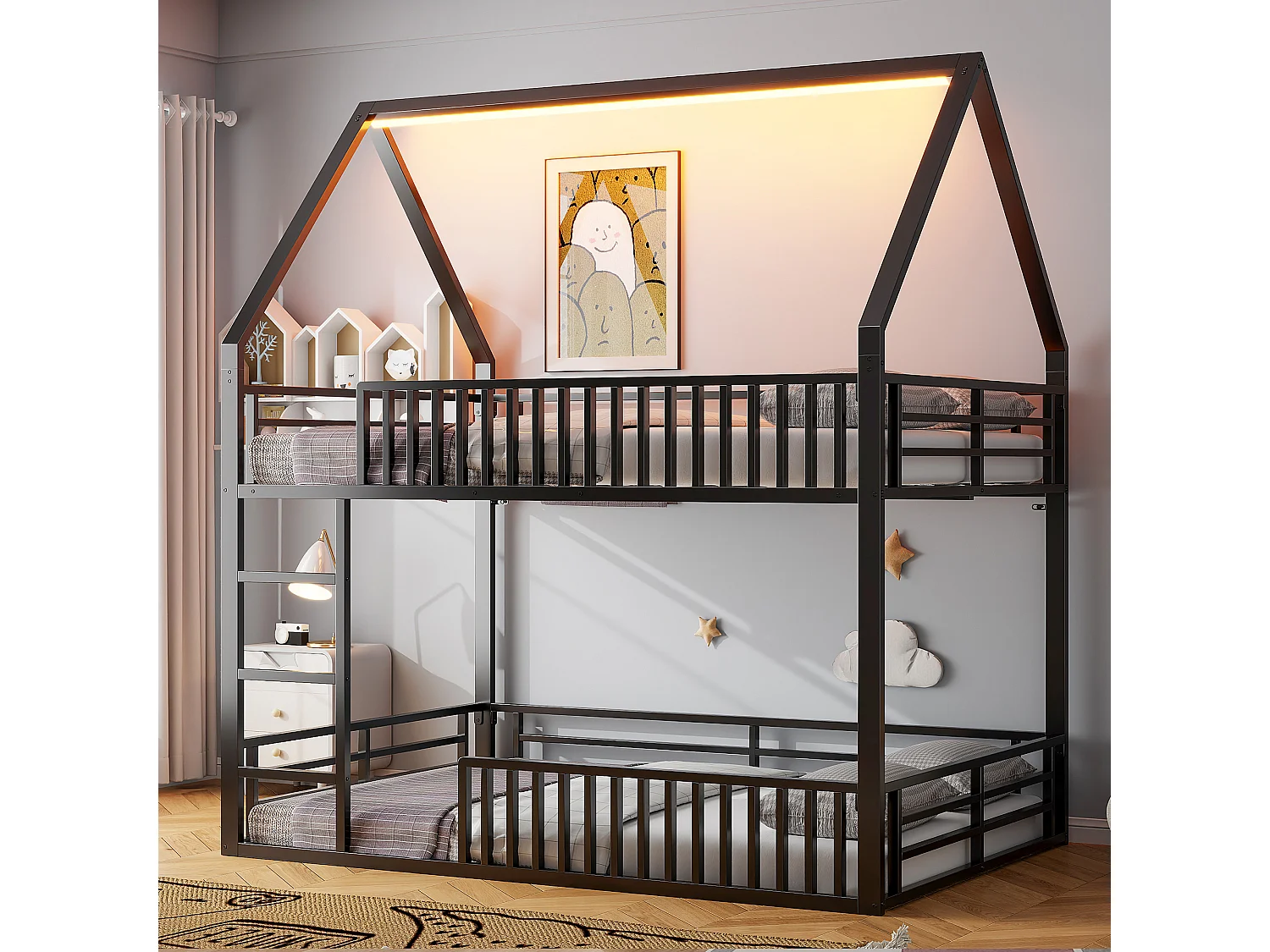 Lit superposé 140x200cm, clôtures et LED, 1 sommier, Lit cabane de style simple, en métal noir, sans matalas