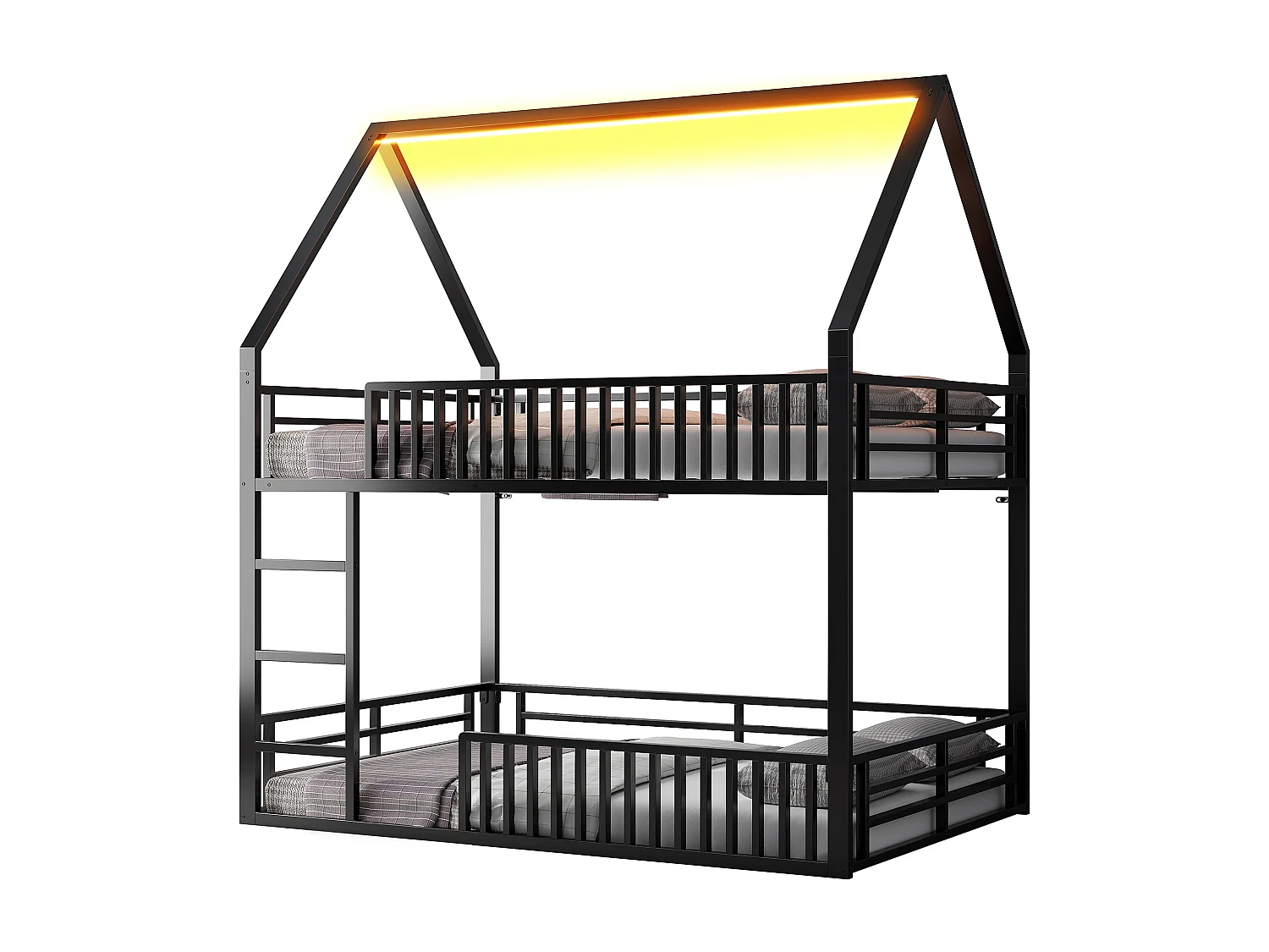 Lit 140x200 cm - Lit Superposé Maison Avec Barrière Style Zaun et Éclairage LED 7 Couleurs - En Métal - Sans matelas - Design Bas Moderne - Noir