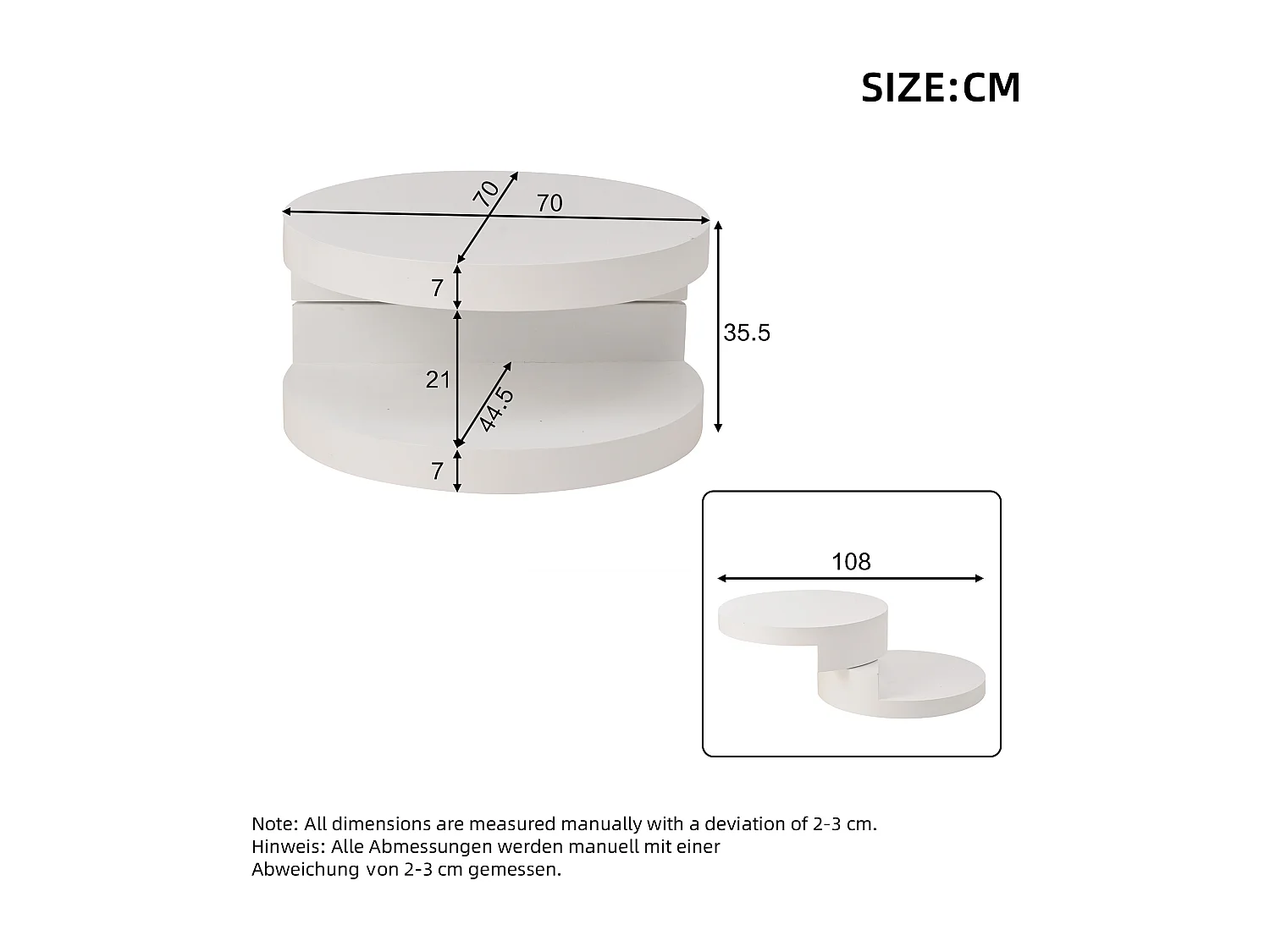 Table basse cylindrique blanche avec éclairage LED, plateau supérieur rotatif