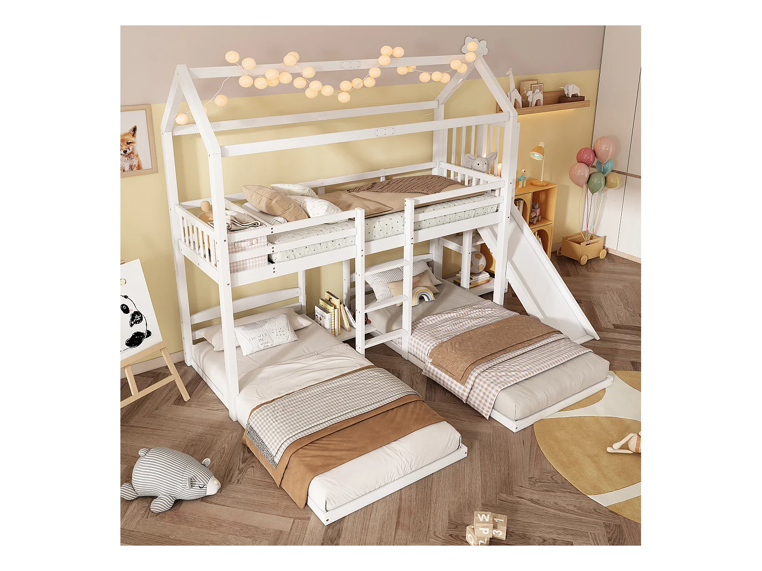 Lit superposé cabane enfant 90x200cm avec toboggan et rangement, sans matelas