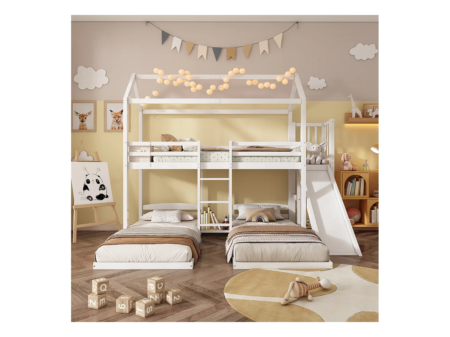 Lit superposé cabane enfant 90x200cm avec toboggan et rangement, sans matelas