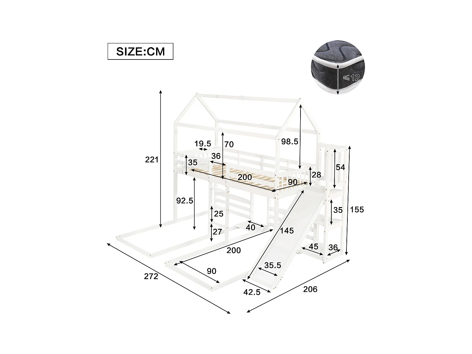 Lit superposé cabane enfant 90x200cm avec toboggan et rangement, sans matelas