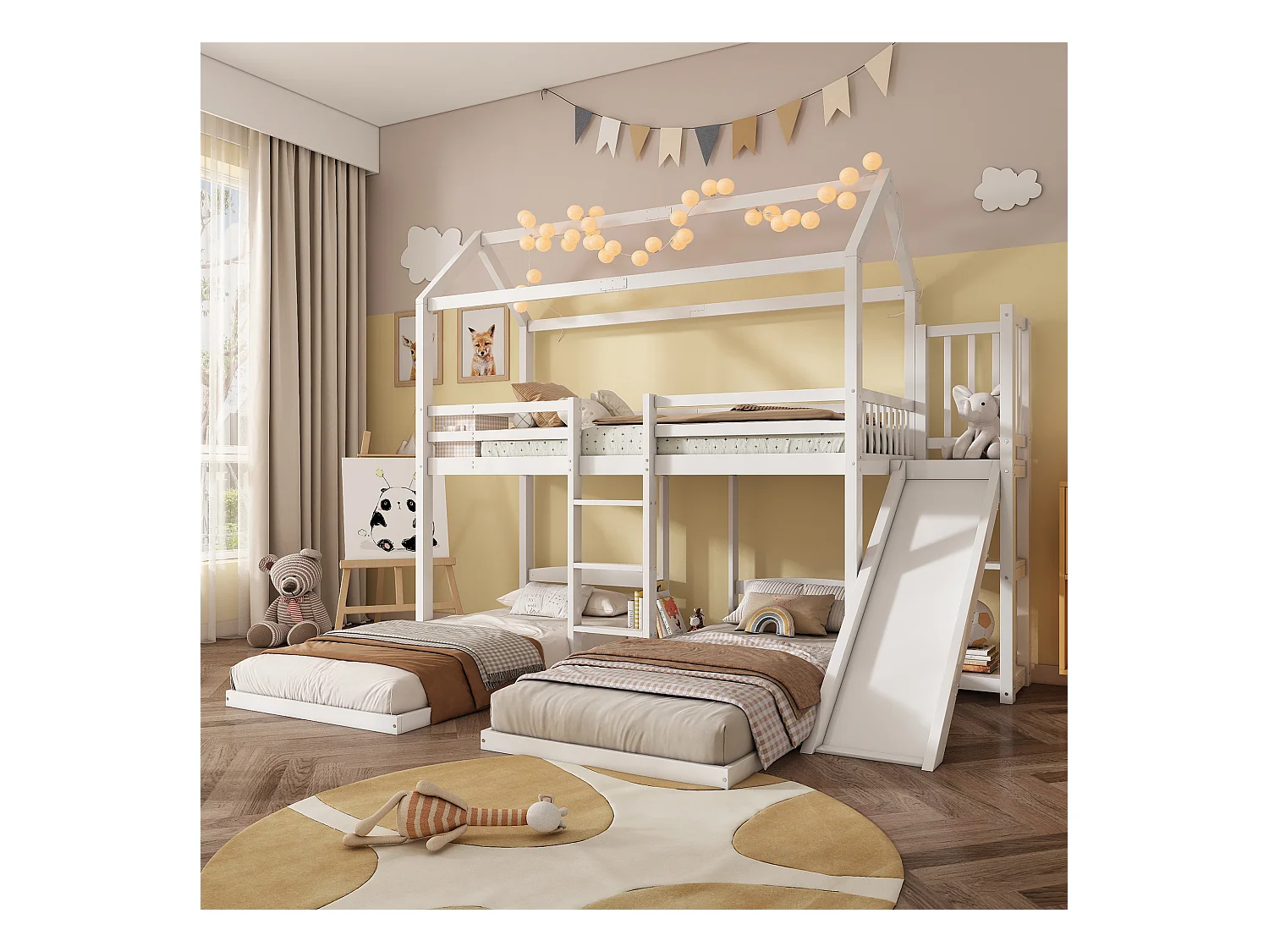 Lit superposé cabane enfant 90x200cm avec toboggan et rangement, sans matelas