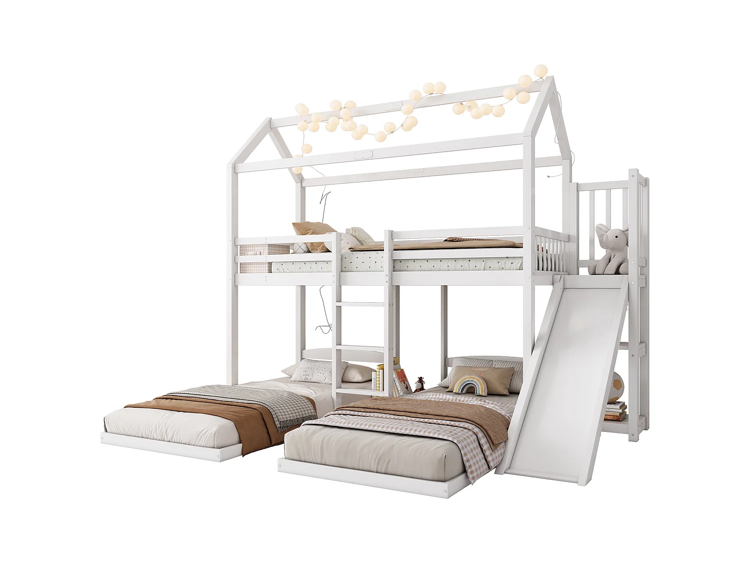 Lit superposé cabane enfant 90x200cm avec toboggan et rangement, sans matelas