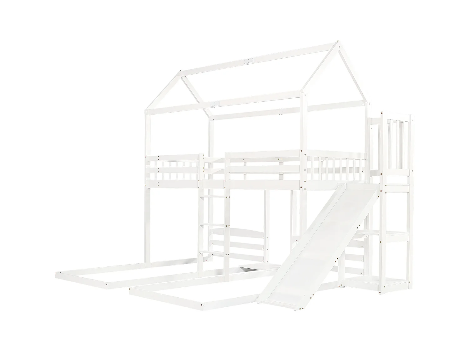 Lit superposé cabane enfant 90x200cm avec toboggan et rangement, sans matelas