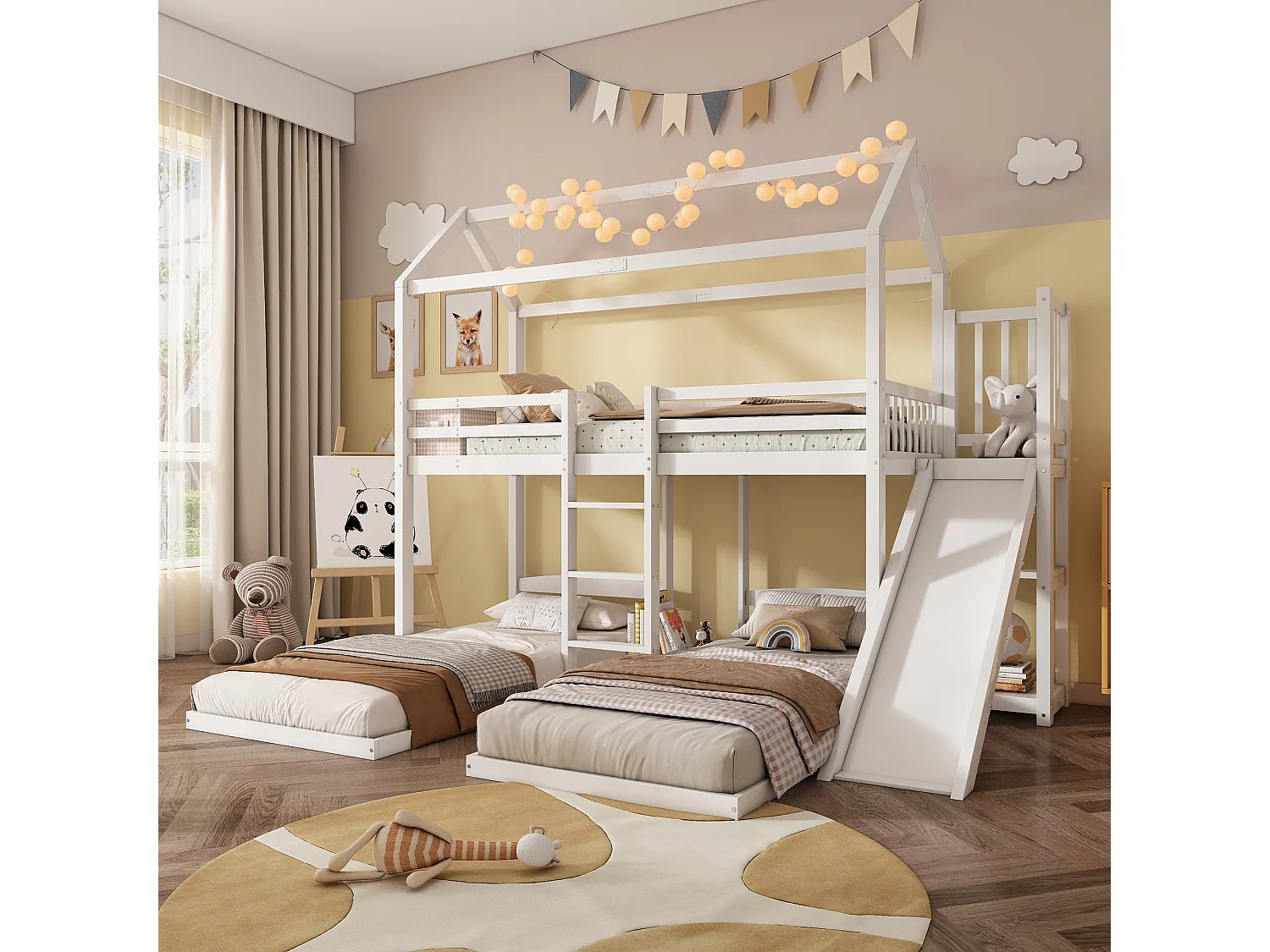 Lit superposé cabane enfant 90x200cm avec toboggan et rangement, sans matelas