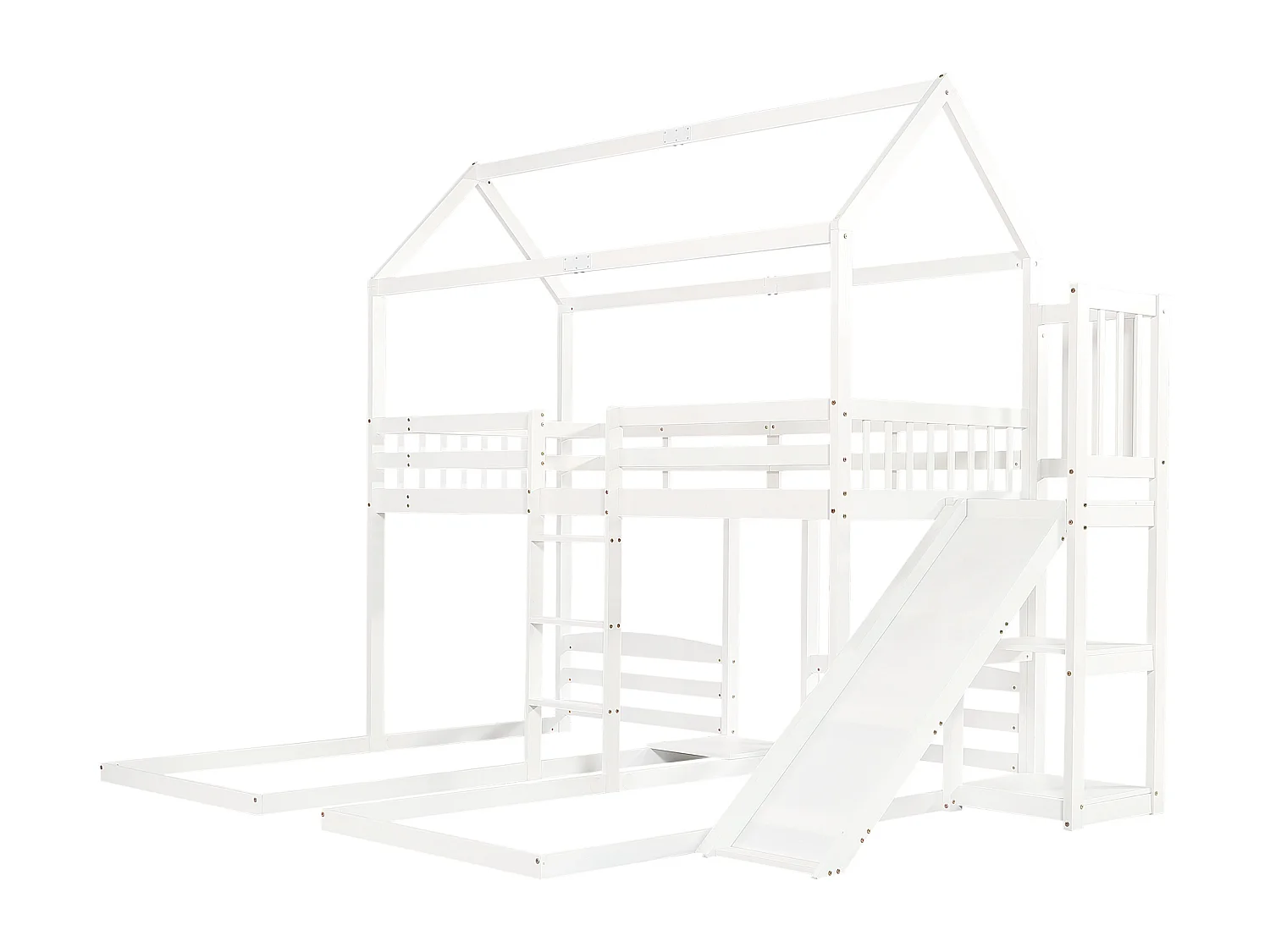 Lit superposé cabane enfant 90x200cm avec toboggan et rangement, sans matelas
