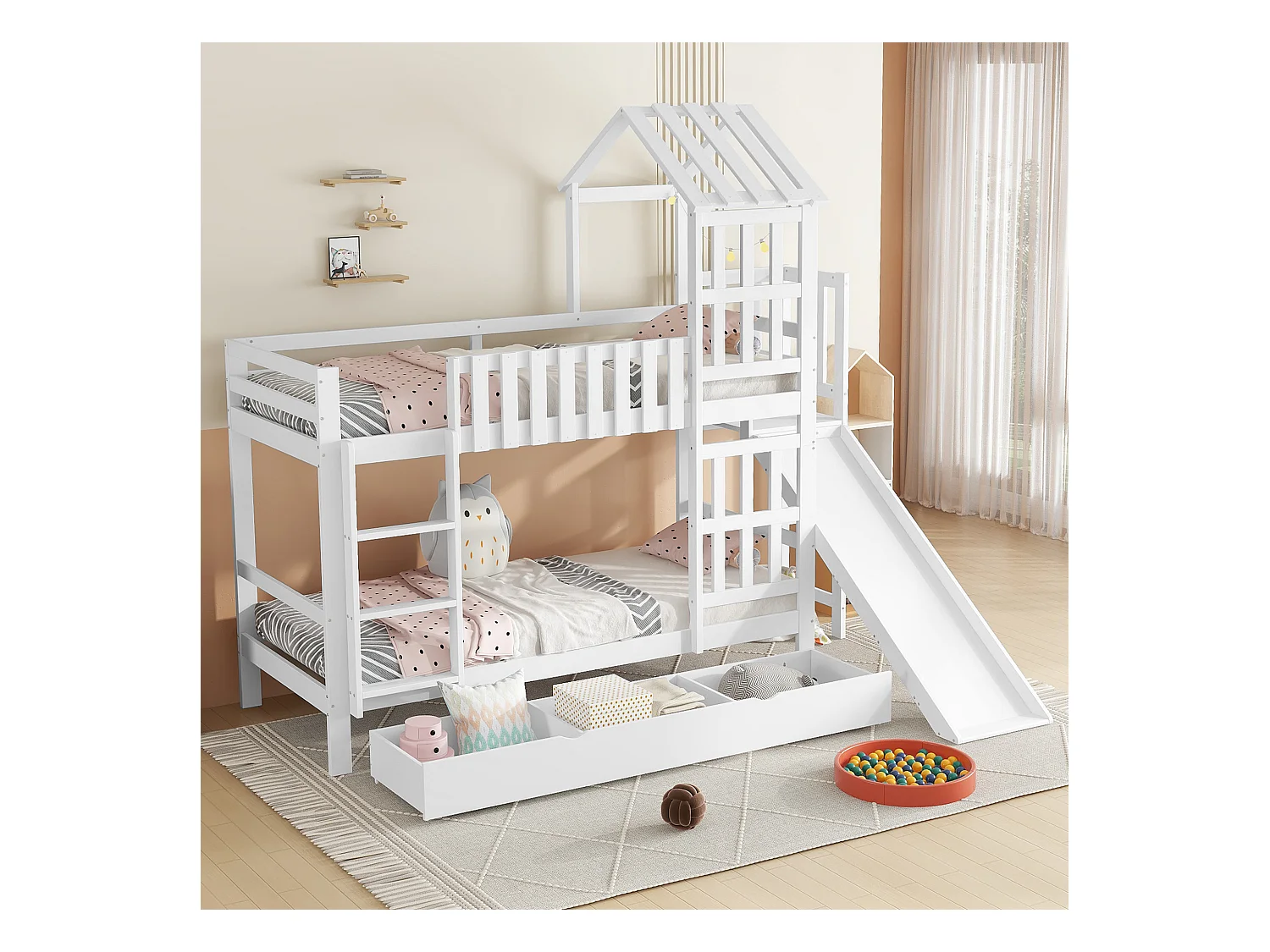 Lit superposé cabane enfant blanc 90x200cm avec tiroir, toboggan et échelle, pin + MDF, sans matelas