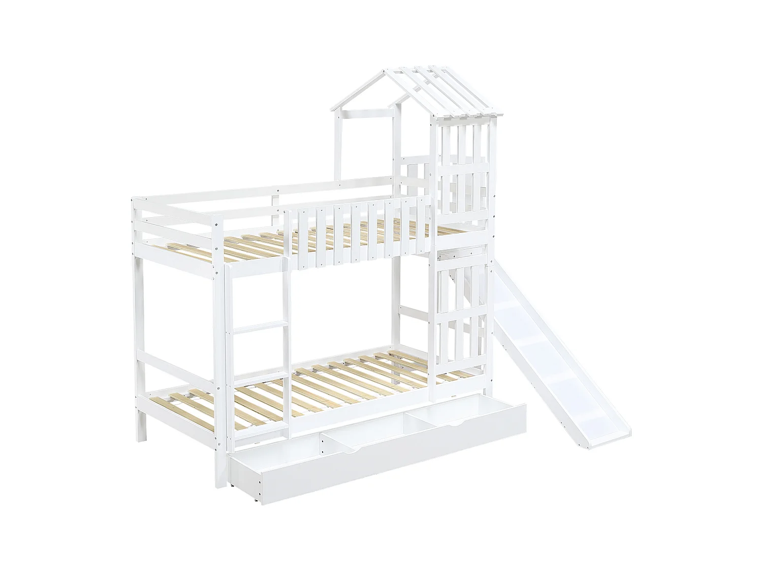 Lit superposé cabane enfant blanc 90x200cm avec tiroir, toboggan et échelle, pin + MDF, sans matelas