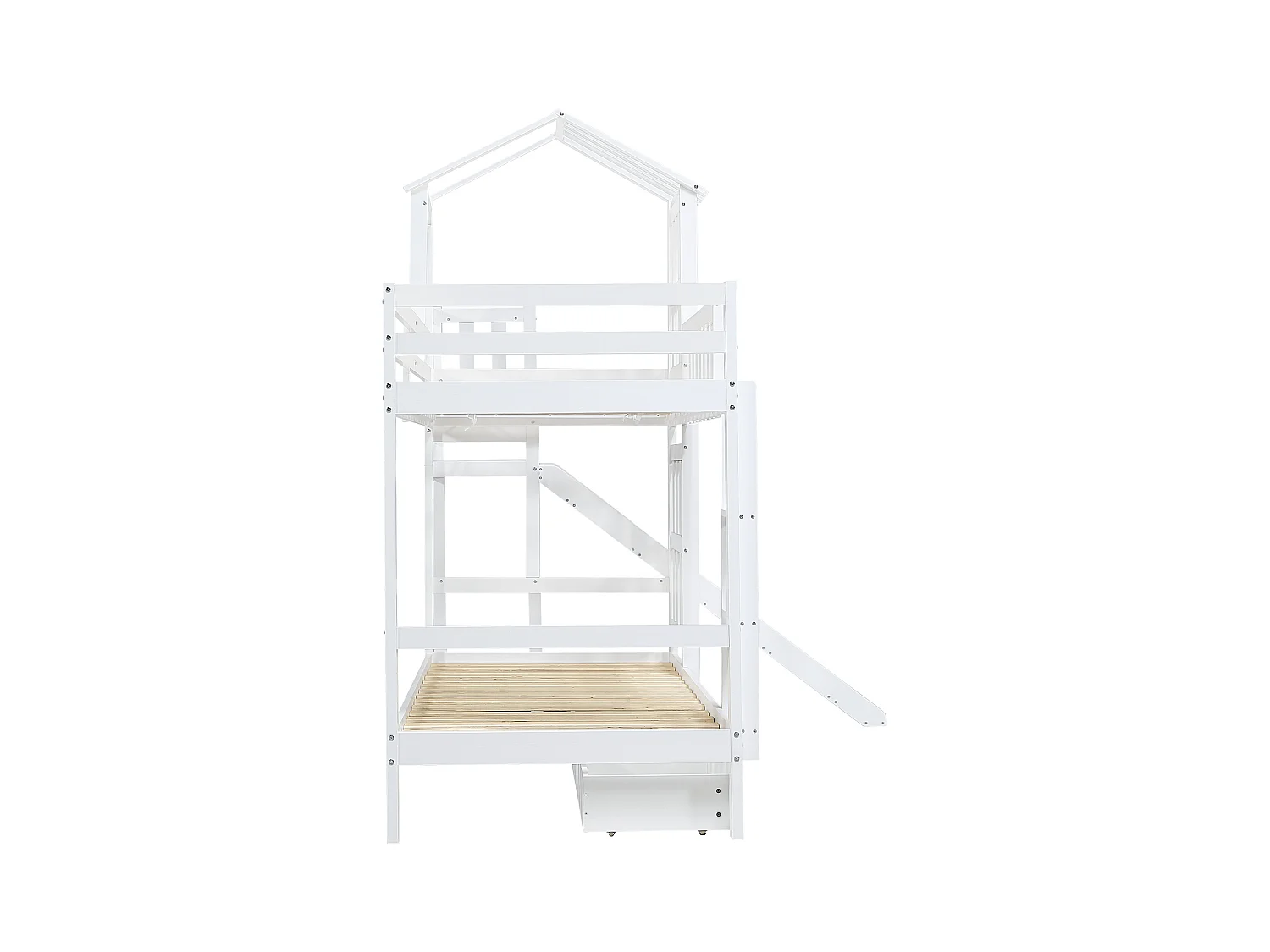 Lit superposé cabane enfant blanc 90x200cm avec tiroir, toboggan et échelle, pin + MDF, sans matelas