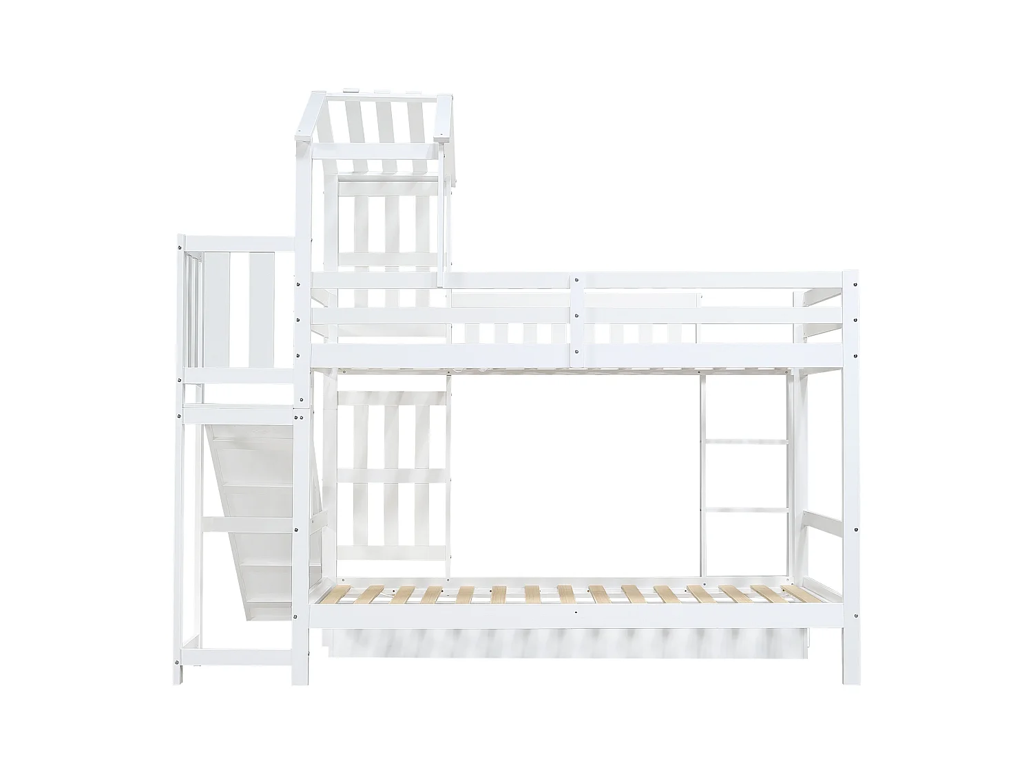 Lit superposé cabane enfant blanc 90x200cm avec tiroir, toboggan et échelle, pin + MDF, sans matelas