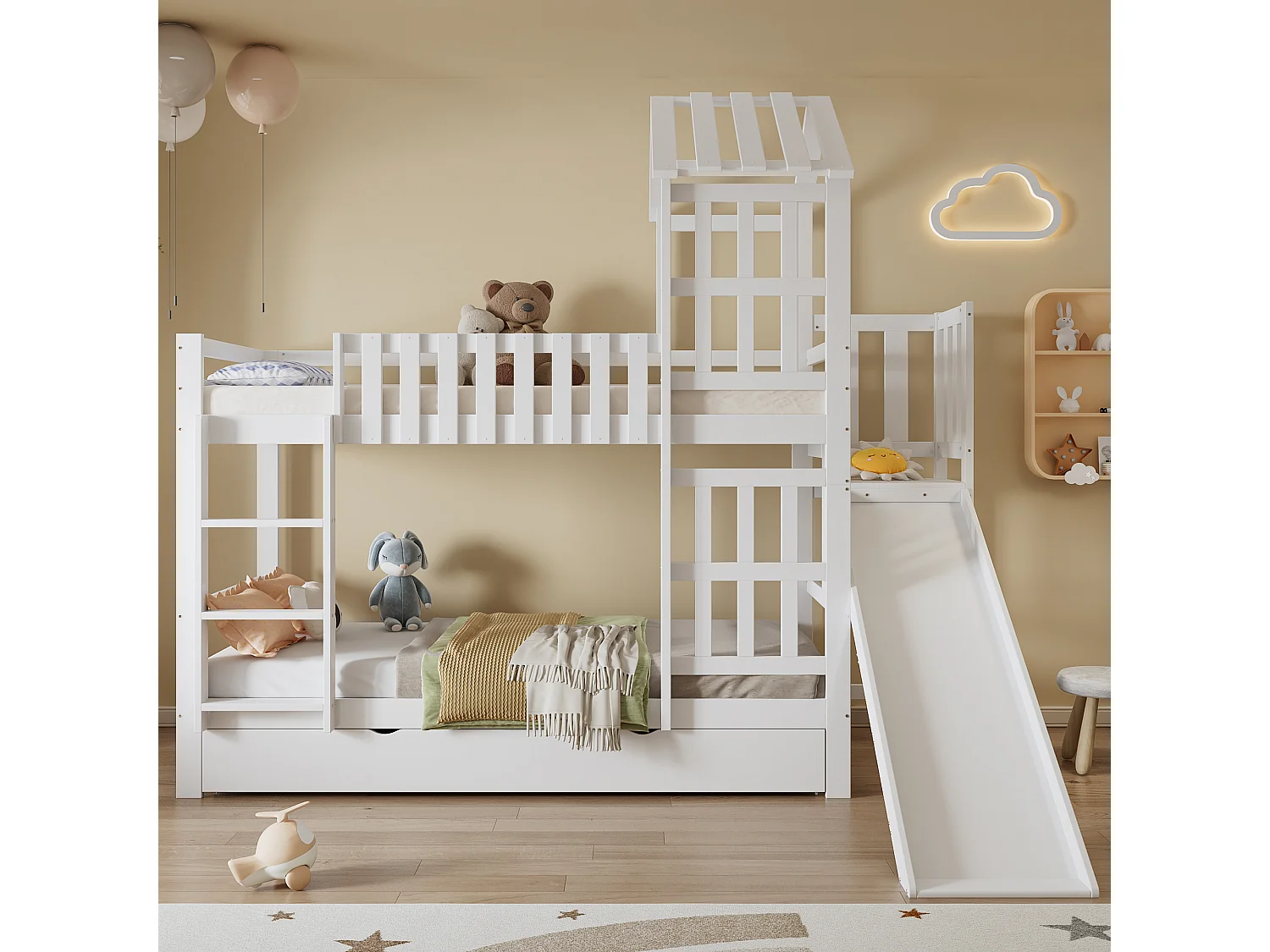 Lit superposé cabane enfant blanc 90x200cm avec tiroir, toboggan et échelle, pin + MDF, sans matelas