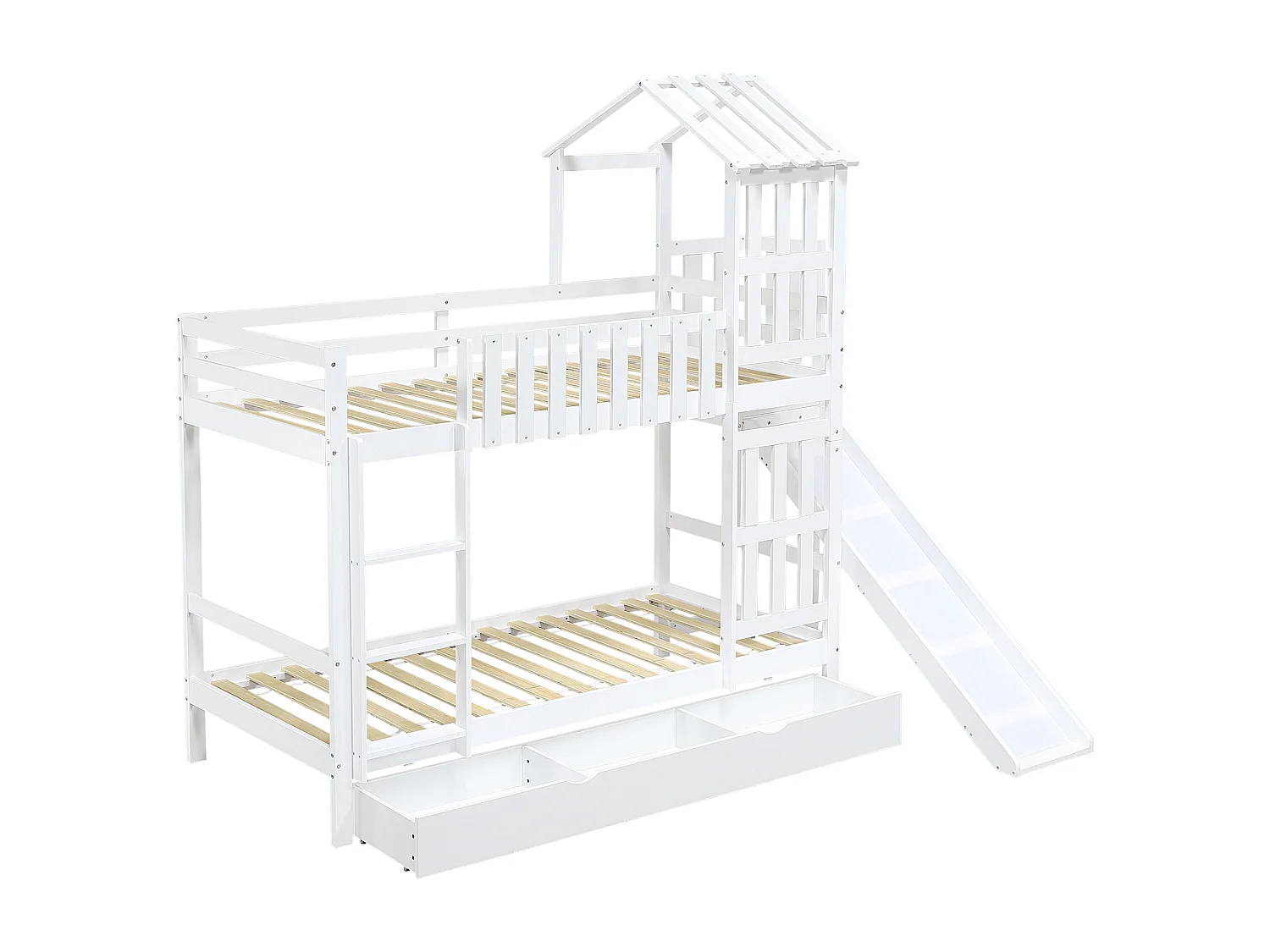 Lit superposé cabane enfant blanc 90x200cm avec tiroir, toboggan et échelle, pin + MDF, sans matelas