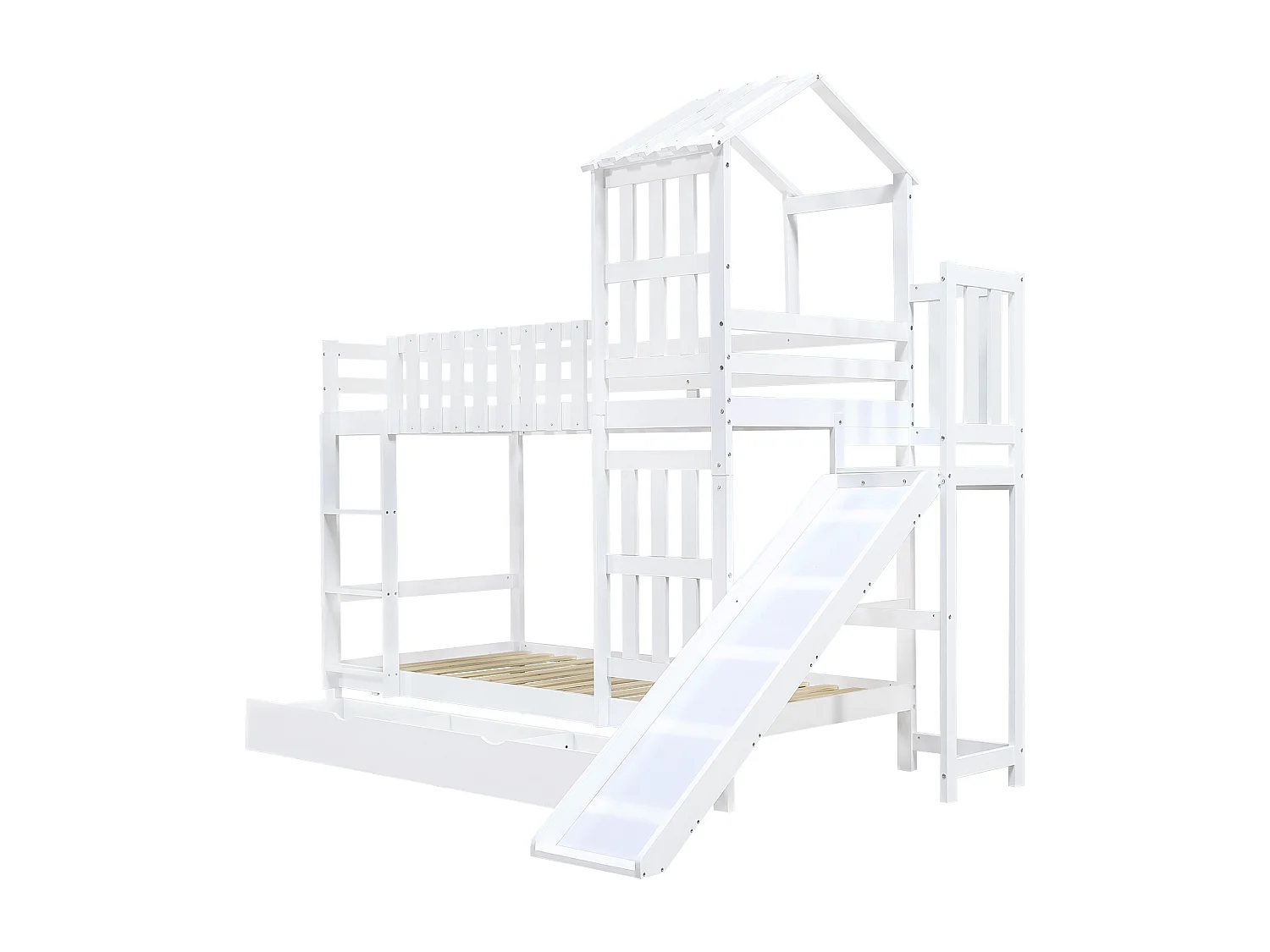 Lit superposé cabane enfant blanc 90x200cm avec tiroir, toboggan et échelle, pin + MDF, sans matelas