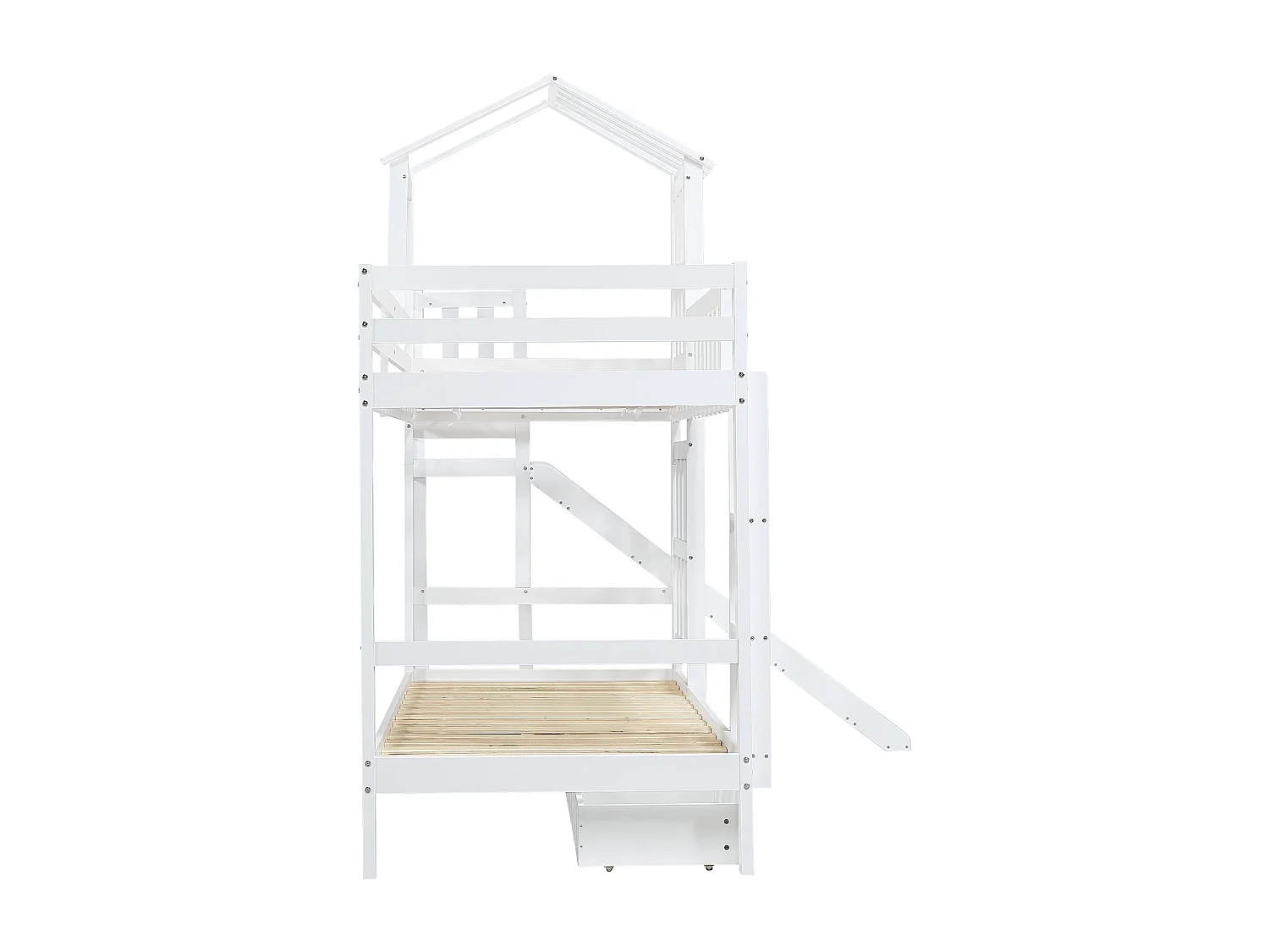 Lit superposé cabane enfant blanc 90x200cm avec tiroir, toboggan et échelle, pin + MDF, sans matelas
