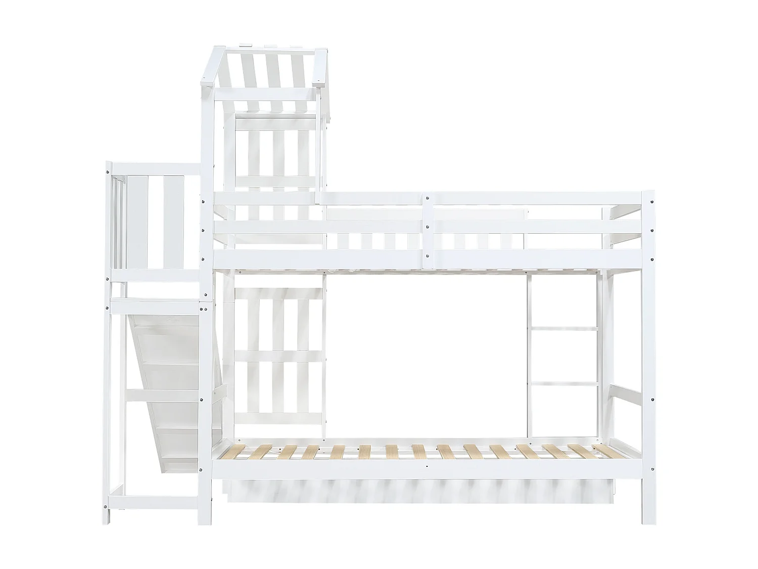 Lit superposé cabane enfant blanc 90x200cm avec tiroir, toboggan et échelle, pin + MDF, sans matelas