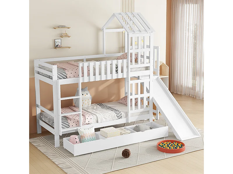 Lit superposé cabane enfant blanc 90x200cm avec tiroir, toboggan et échelle, pin + MDF, sans matelas