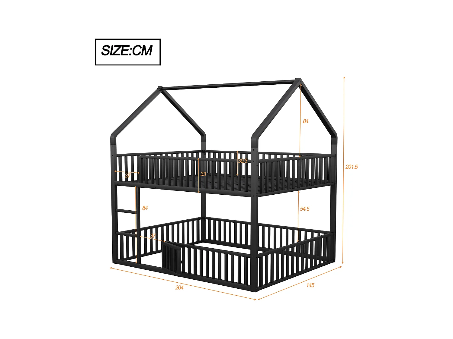 Lit superposé cabane enfant noir 140x200cm avec échelle, structure en métal, sans matelas