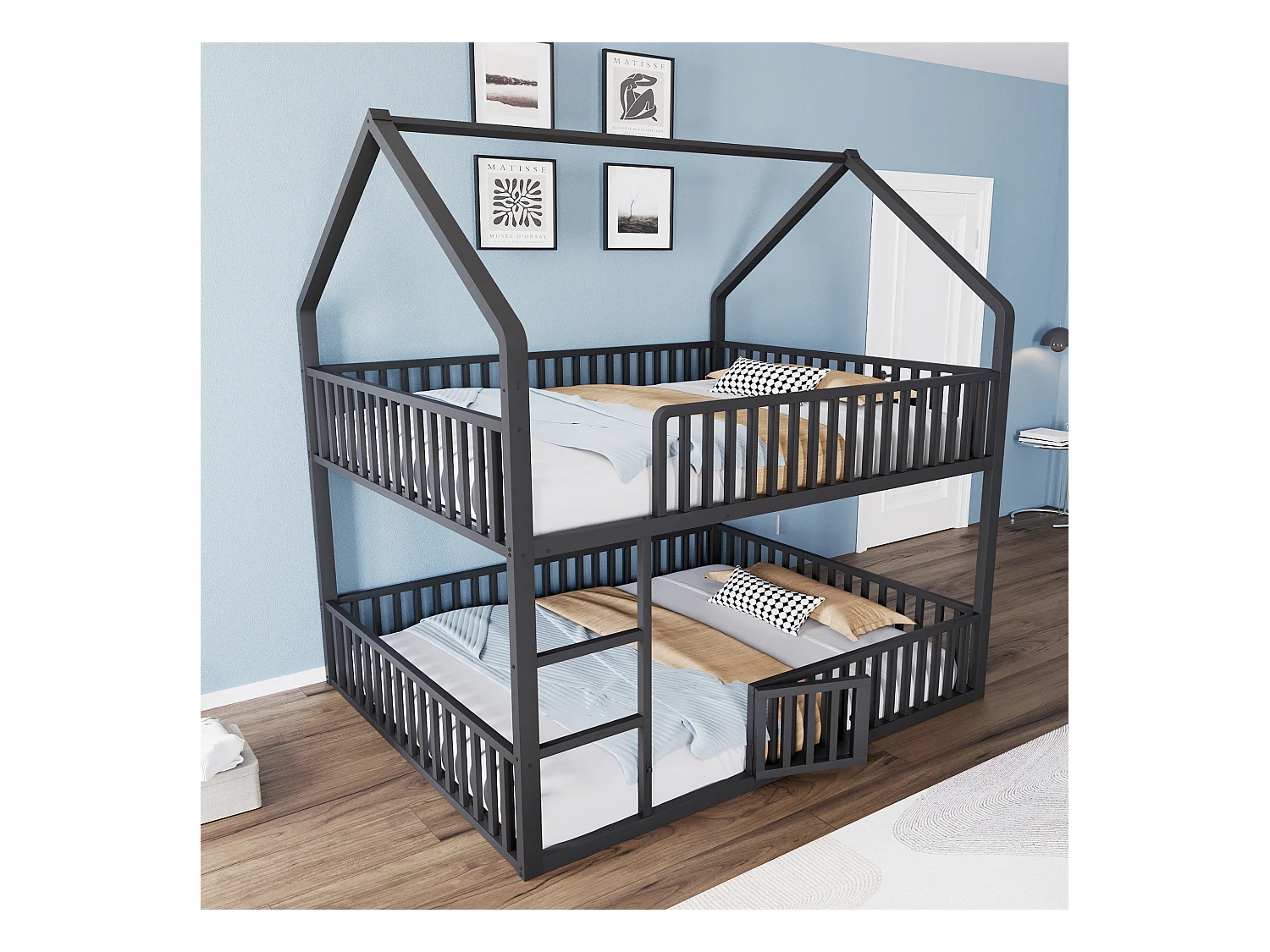 Lit superposé cabane enfant noir 140x200cm avec échelle, structure en métal, sans matelas