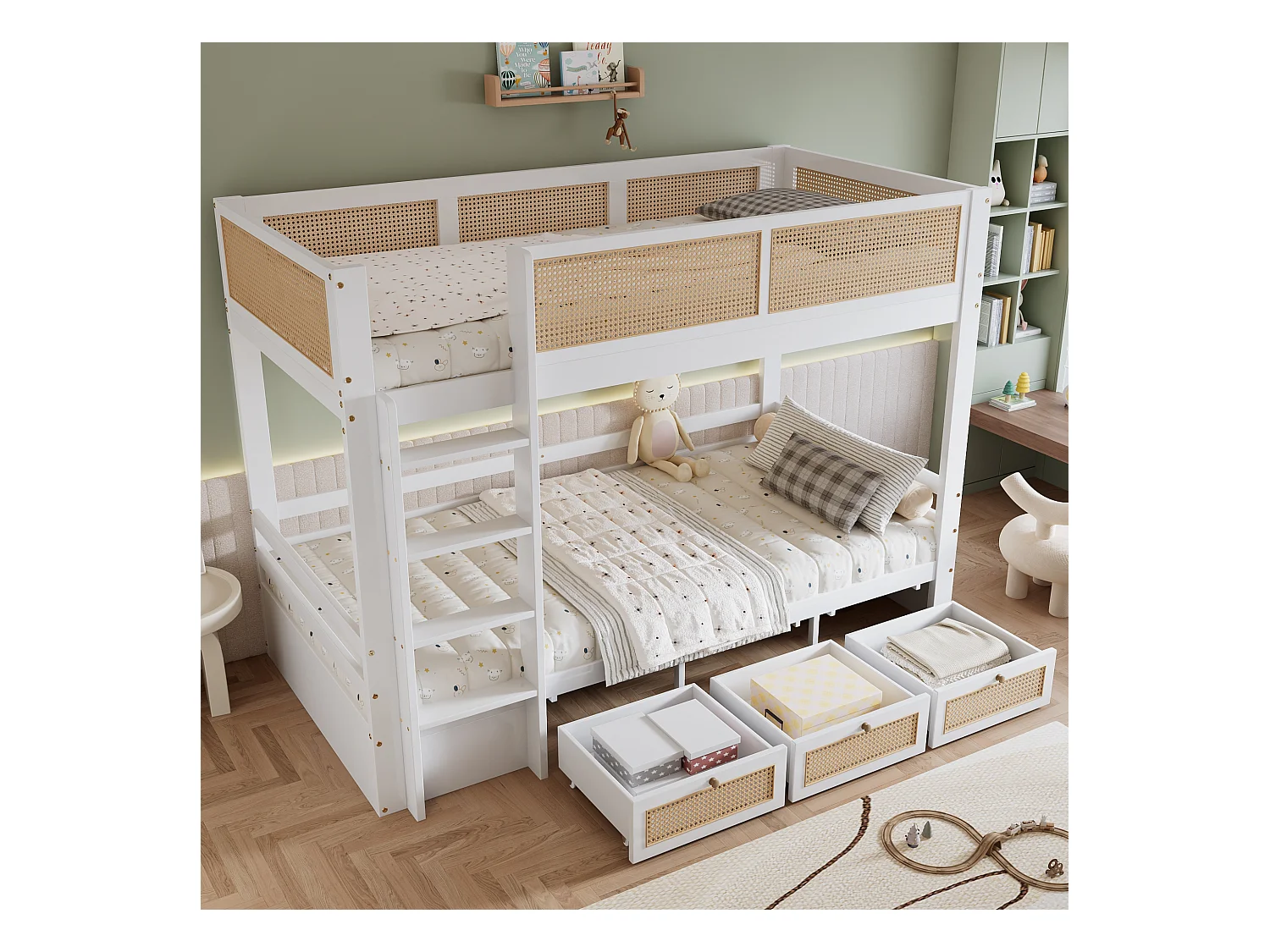 Lit superposé enfant blanc et naturel 90x200cm avec 3 tiroirs, rails en rotin tressé, sans matelas