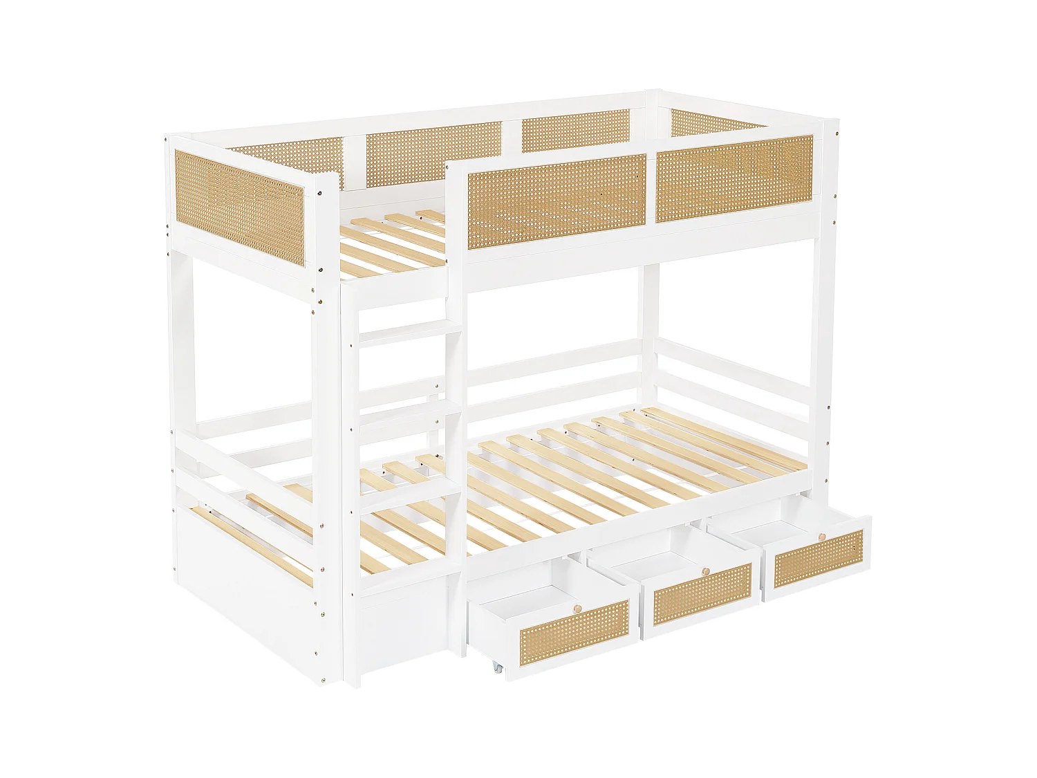 Lit superposé enfant blanc et naturel 90x200cm avec 3 tiroirs, rails en rotin tressé, sans matelas