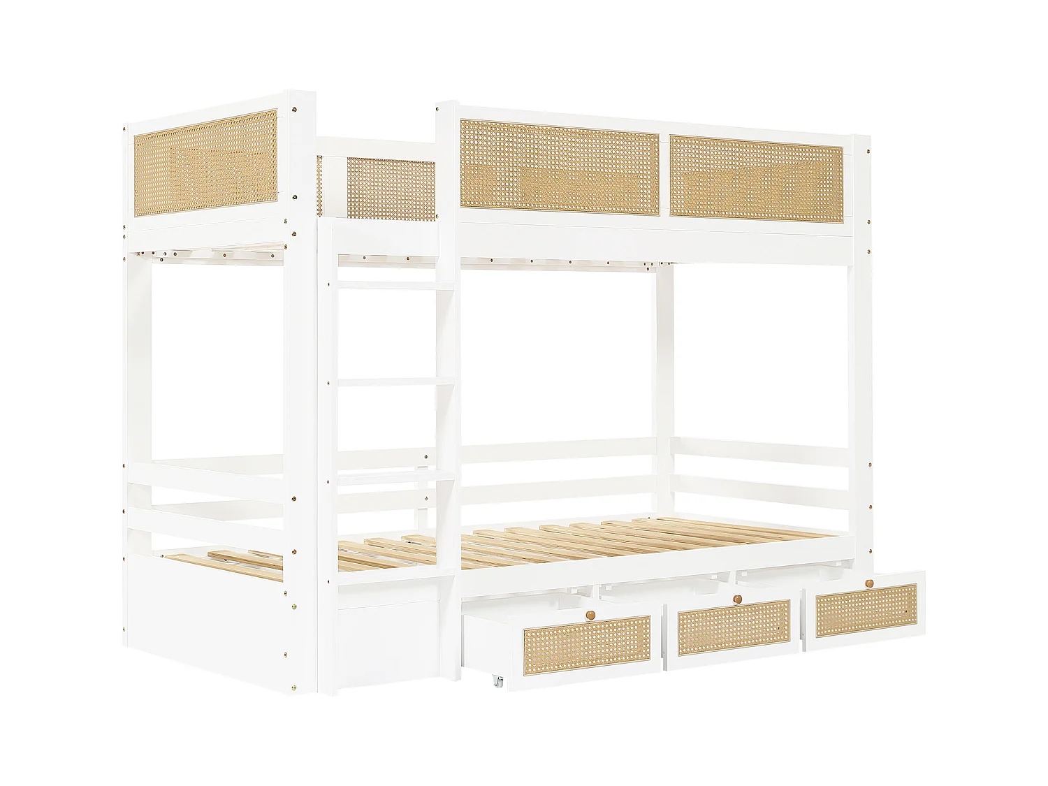 Lit superposé enfant blanc et naturel 90x200cm avec 3 tiroirs, rails en rotin tressé, sans matelas