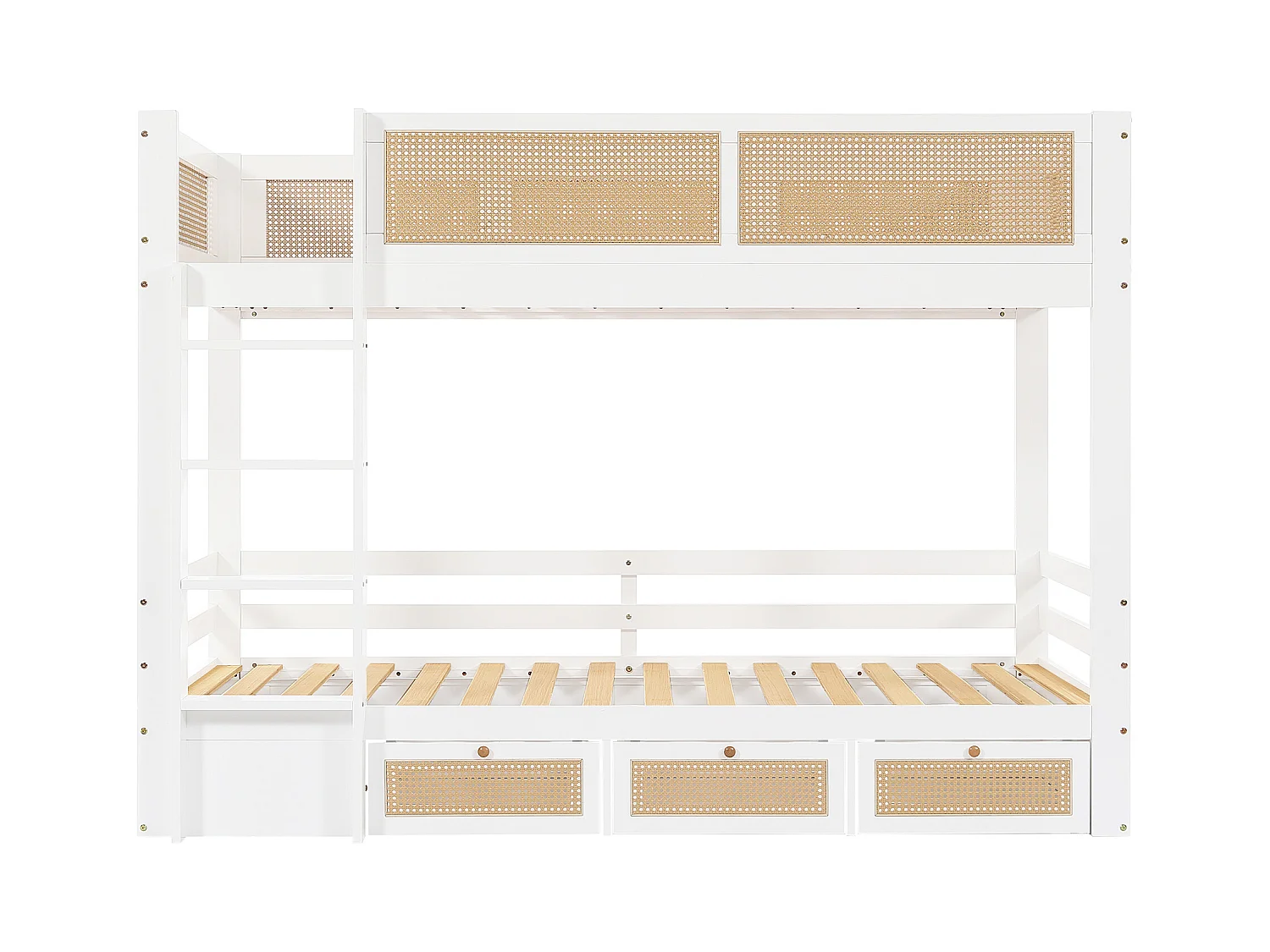 Lit superposé enfant blanc et naturel 90x200cm avec 3 tiroirs, rails en rotin tressé, sans matelas