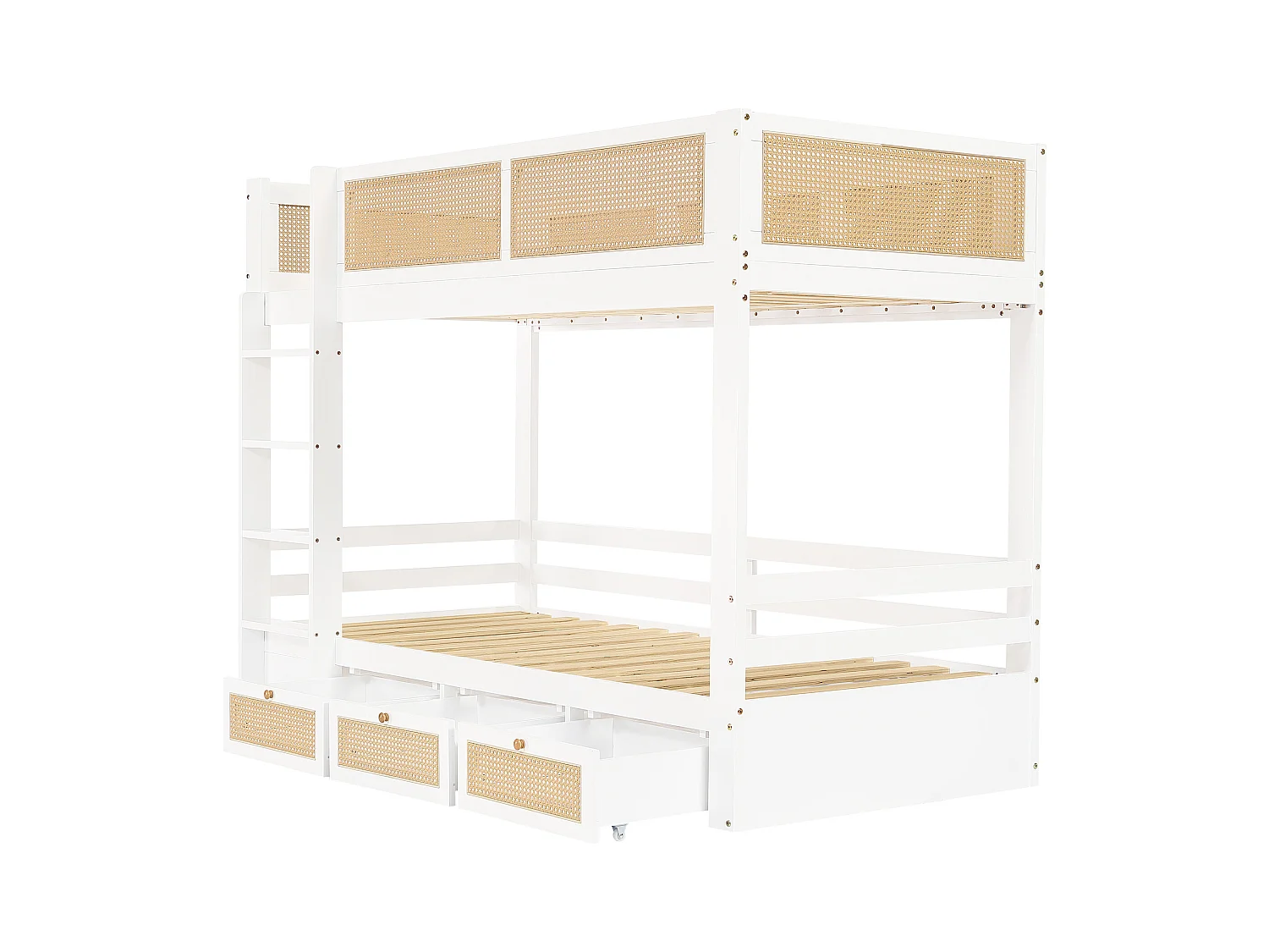 Lit superposé enfant blanc et naturel 90x200cm avec 3 tiroirs, rails en rotin tressé, sans matelas